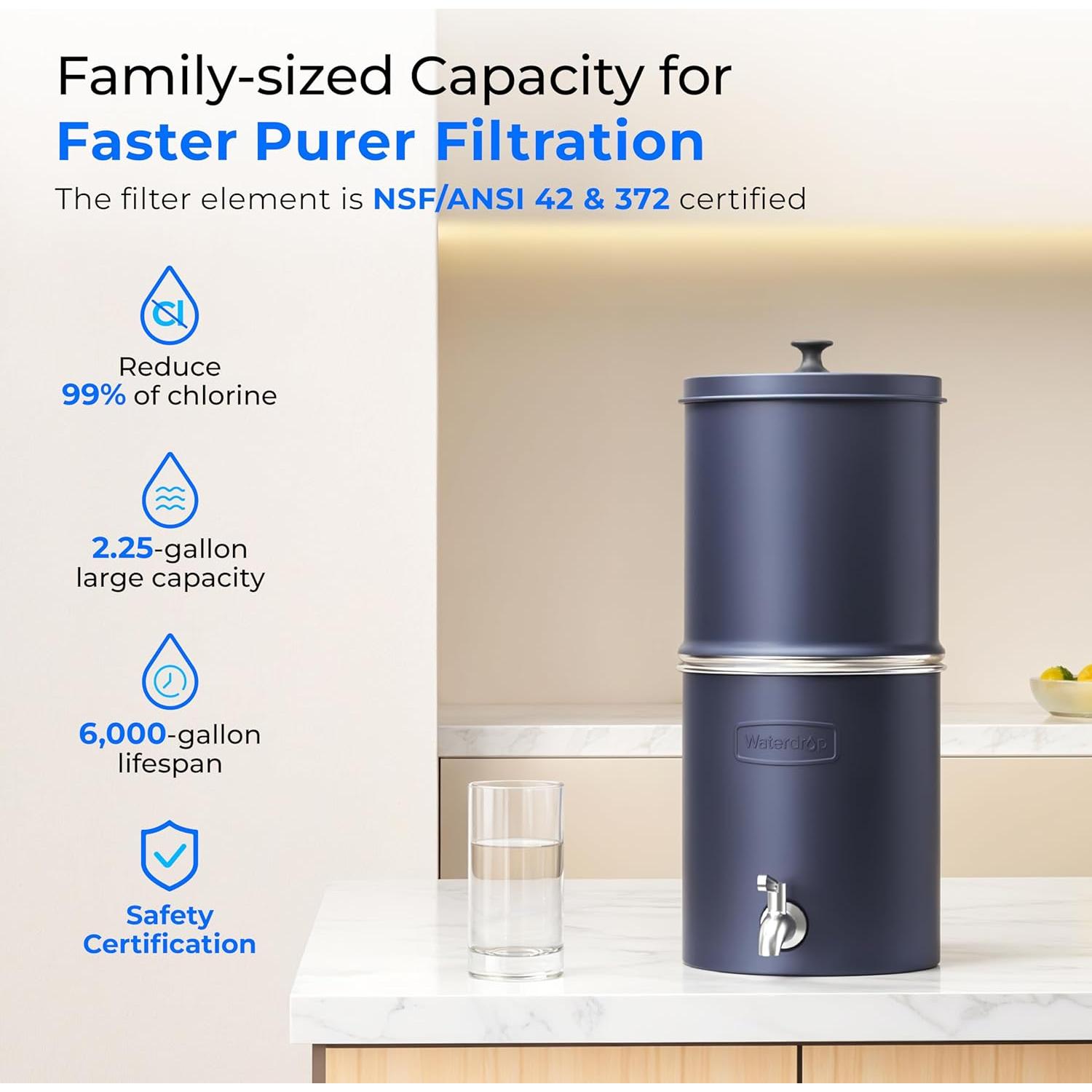 Filtro de Agua por Gravedad Waterdrop 8.5L Acero Inoxidable