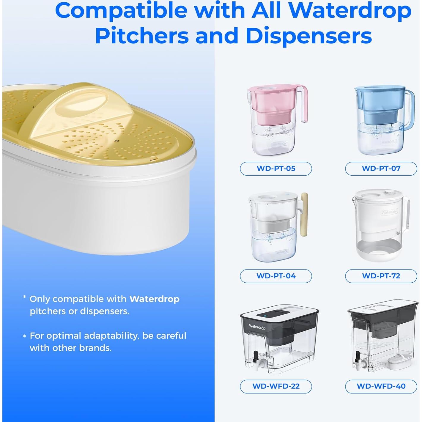 [Original] Waterdrop Upgrade NSF 53&42&372 Certified Replacement Filters, for All Waterdrop Pitcher and Dispenser, Reduces PFAS, PFOA/PFOS, Chlorine, Cadmium, Copper, Mercury, 3 Packs