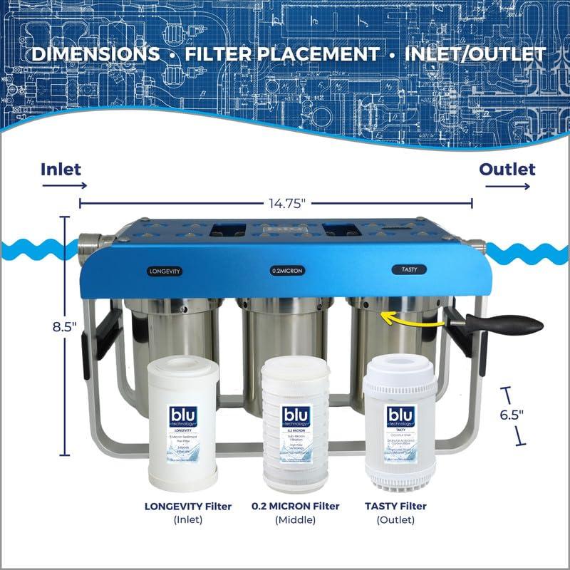 GoBluTech AR3, RV Water Filter System, 0.2 Micron Filter for Campers with Compact 5-inch Filters, 3 Stage Premium Filtration System, for RVs, Vans, and Boats - US Veteran Owned