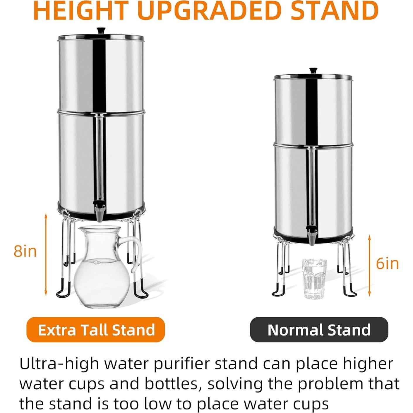 Extra Tall 8" Stainless Steel Gravity-fed Water Filter Stand with Rubber Non-Slip Feet 9" Diameter Stand Compatible with Most Medium Size Gravity-fed Water System Gravity Tanks
