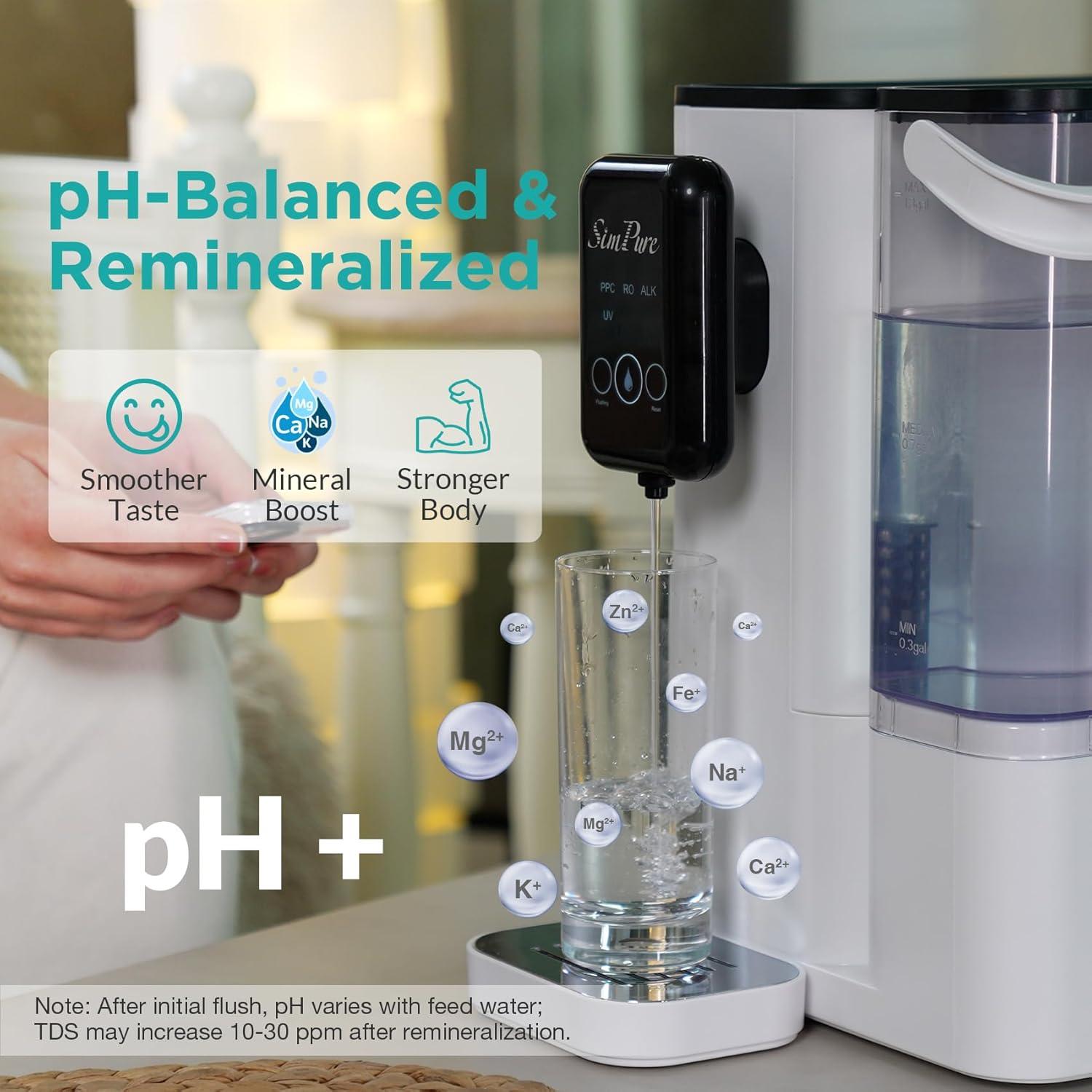 SimPure Y9A UV Countertop Reverse Osmosis Water Filter, Alkaline Remineralization 300 GPD 6 Stage Purification, RO Water Filtration System, Super Fast Filtering Portable Water Purifier