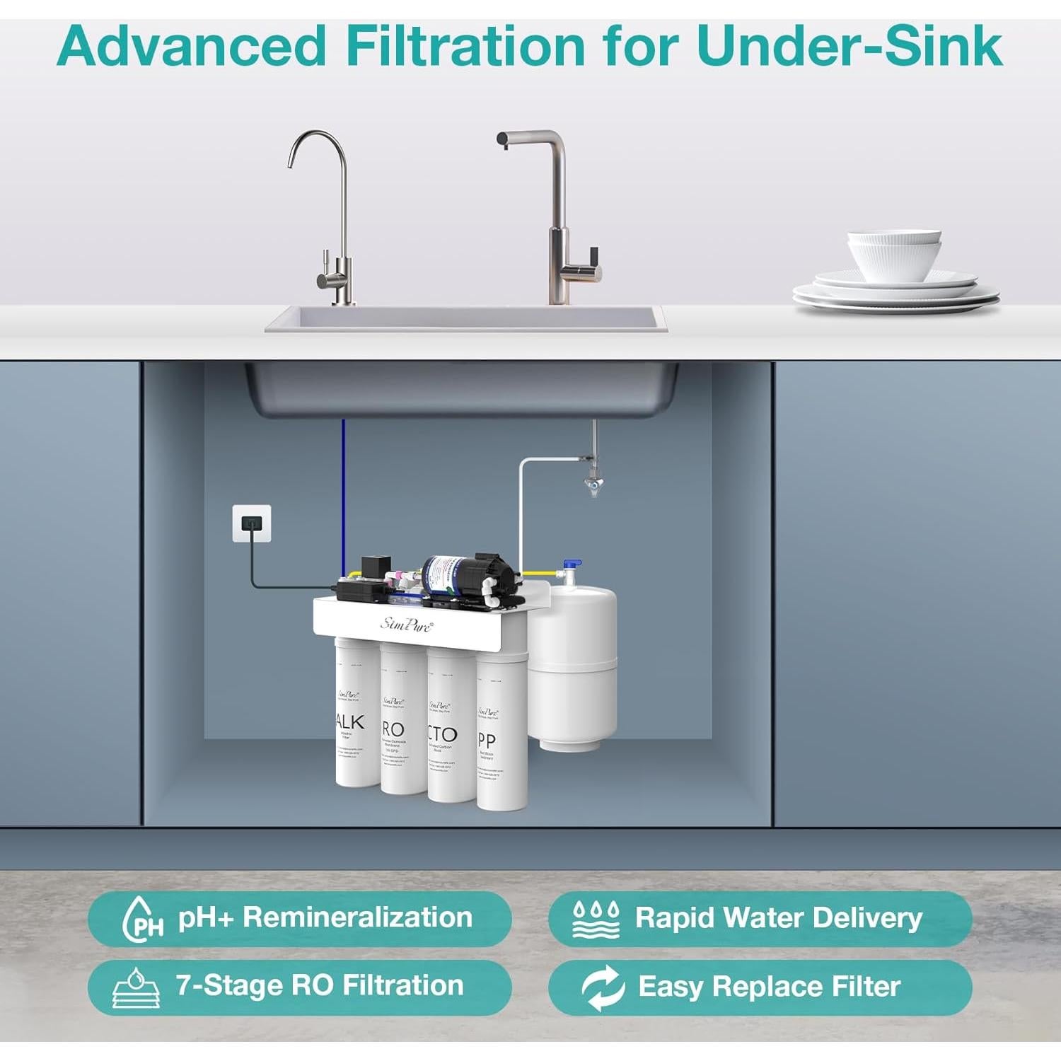 Filtro de Agua Alcalina SimPure T1-100ALK 8 Etapas 100 GPD