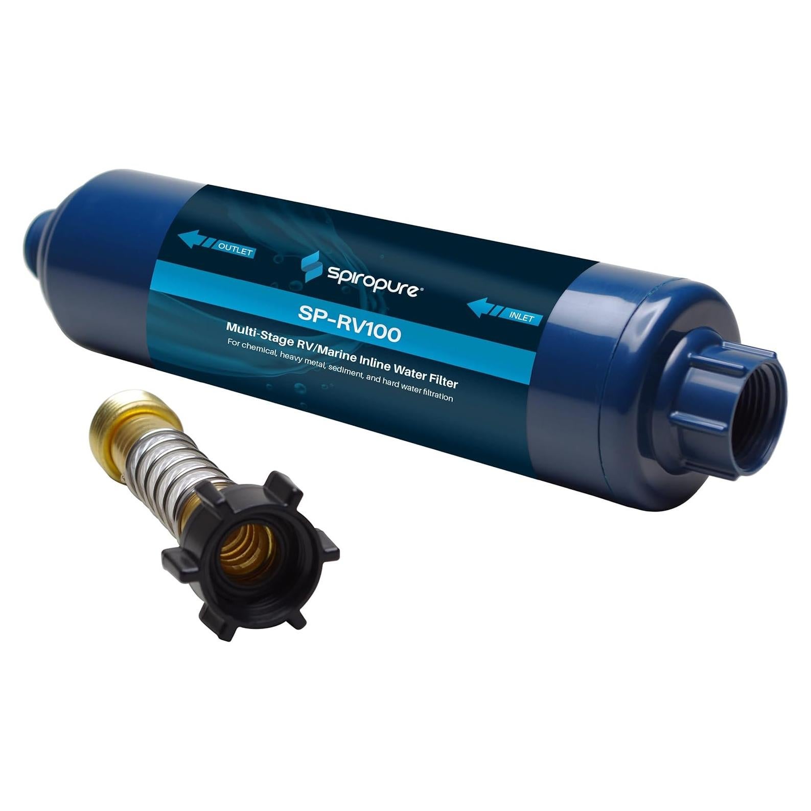 Multi-Stage RV Marine Inline Water Filter with Flexible Hose Protector - Sediment Carbon Hard Water Chlorine Chloramine Lead Mercury Heavy Metals PFOA PFAS