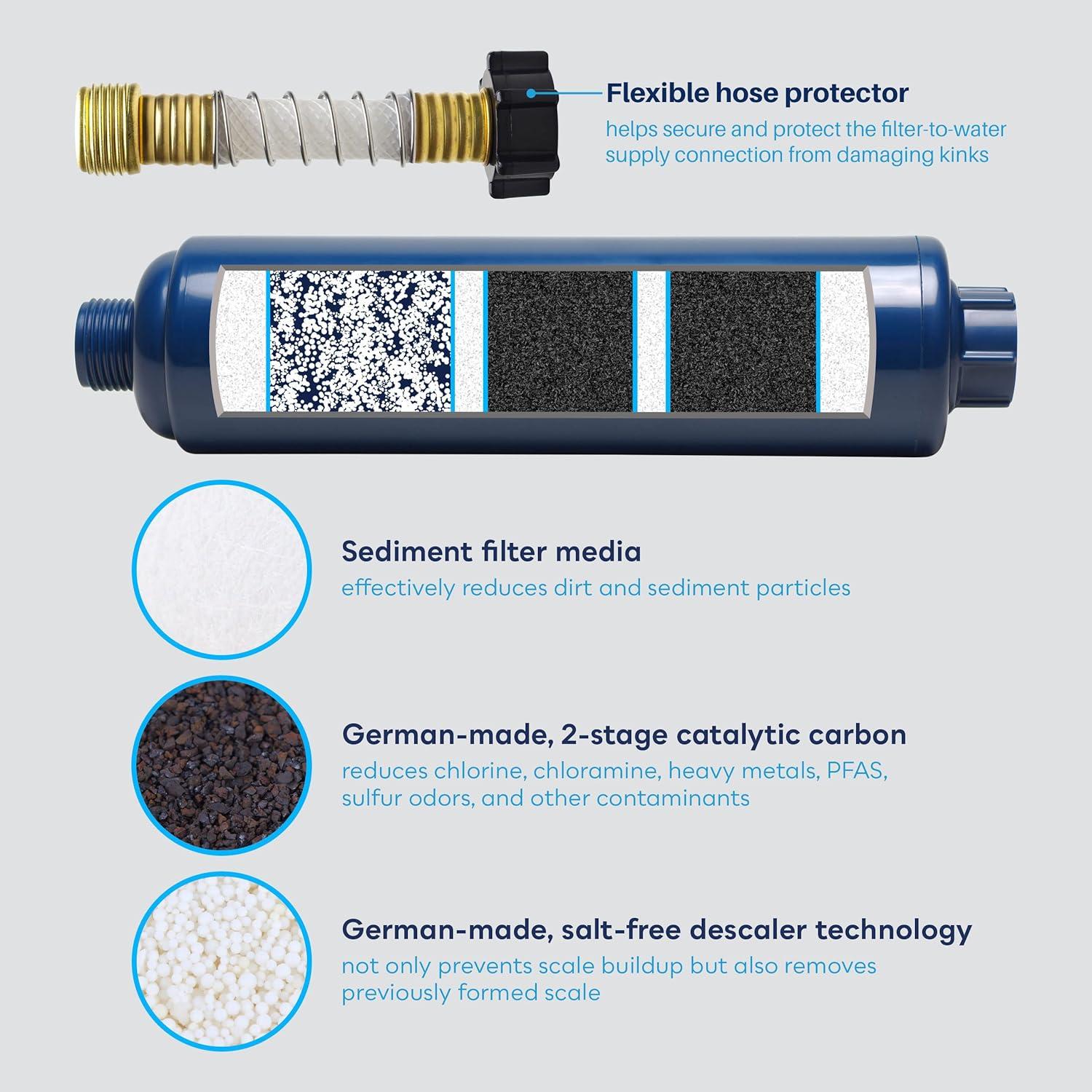 Multi-Stage RV Marine Inline Water Filter with Flexible Hose Protector - Sediment Carbon Hard Water Chlorine Chloramine Lead Mercury Heavy Metals PFOA PFAS
