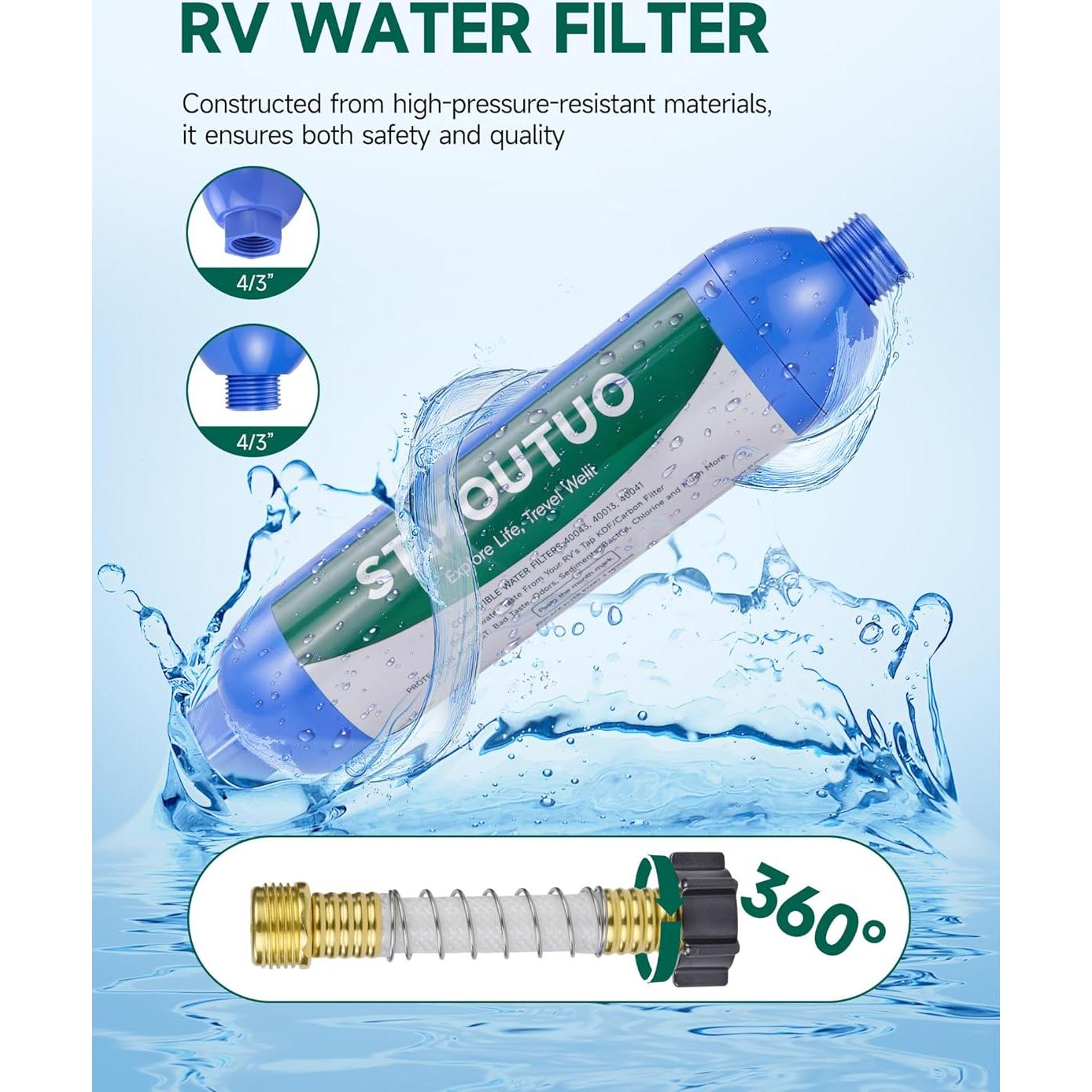 RV Water Filter with Flexible Hose Protector - Greatly Reduces Bad Taste, Chlorine, Odor, Rust & Sediment - Inline Water Hose Filter for RV Camper, Boat, Garden & Pool - 2 Pack