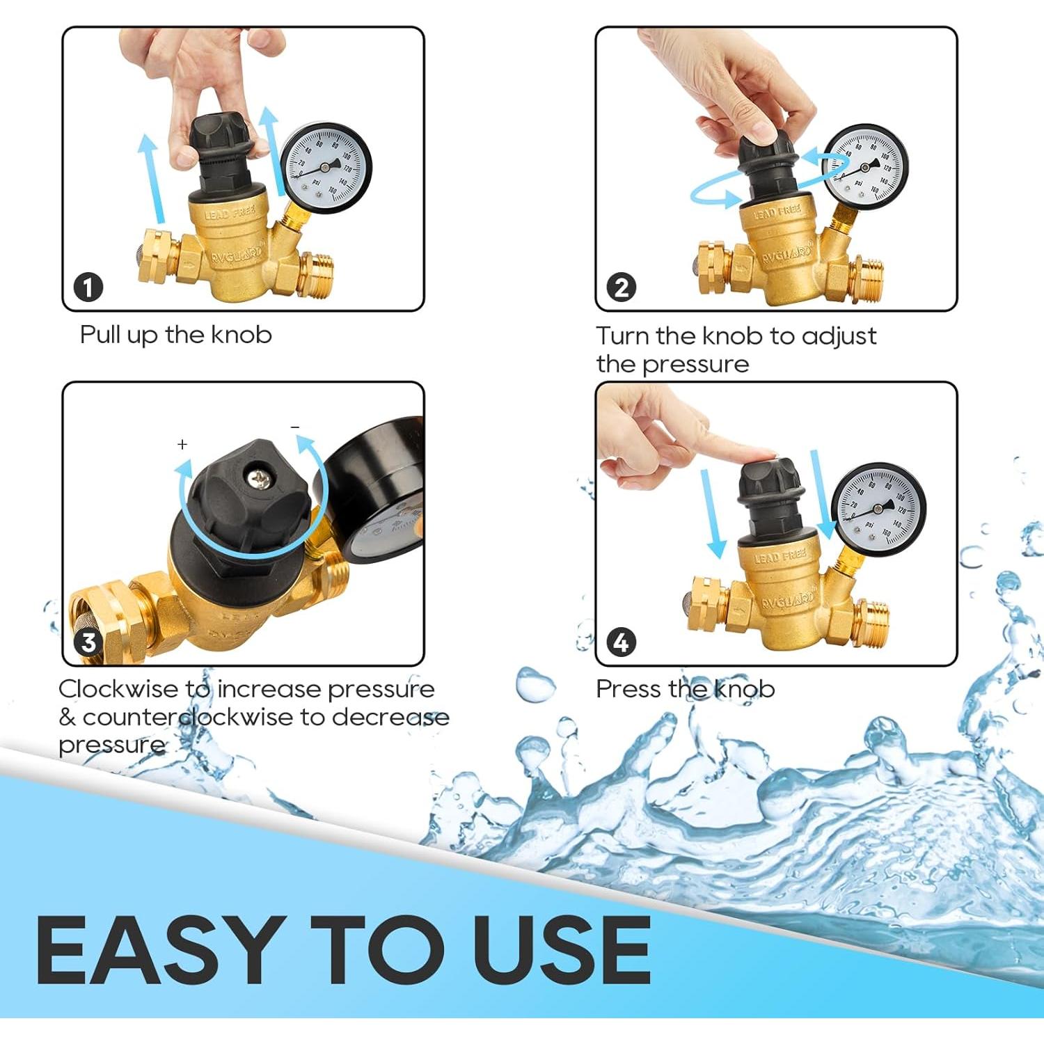 Válvula Reguladora de Presión de Agua RVGUARD 0.65kg con Manómetro