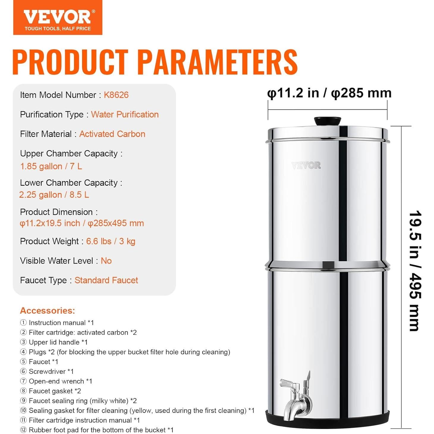 Filtro de Agua por Gravedad VEVOR 8.5L Acero Inoxidable