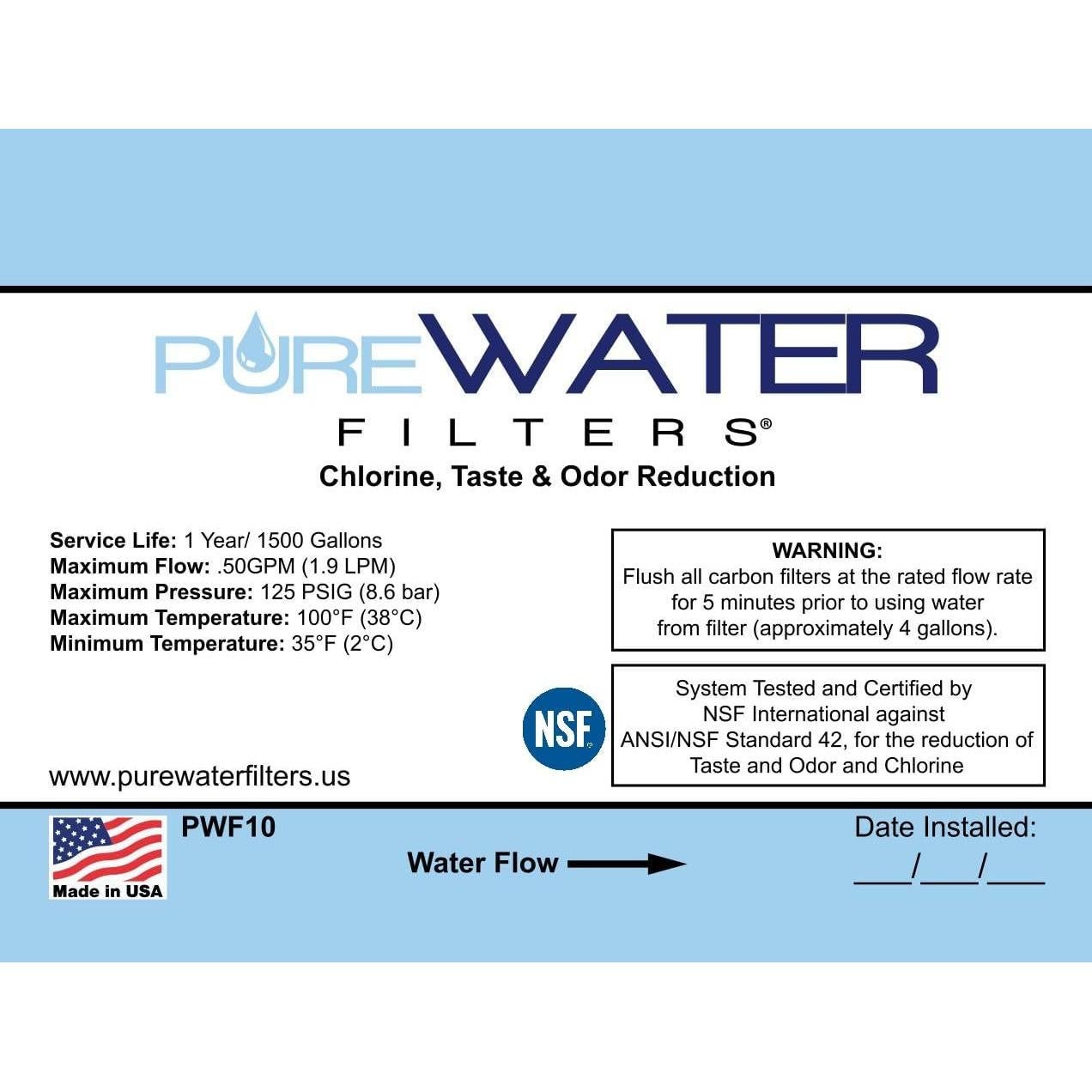 Filtro de Agua Inline PureWater PWF10 - 1 Cuenta, Conexiones Rápidas