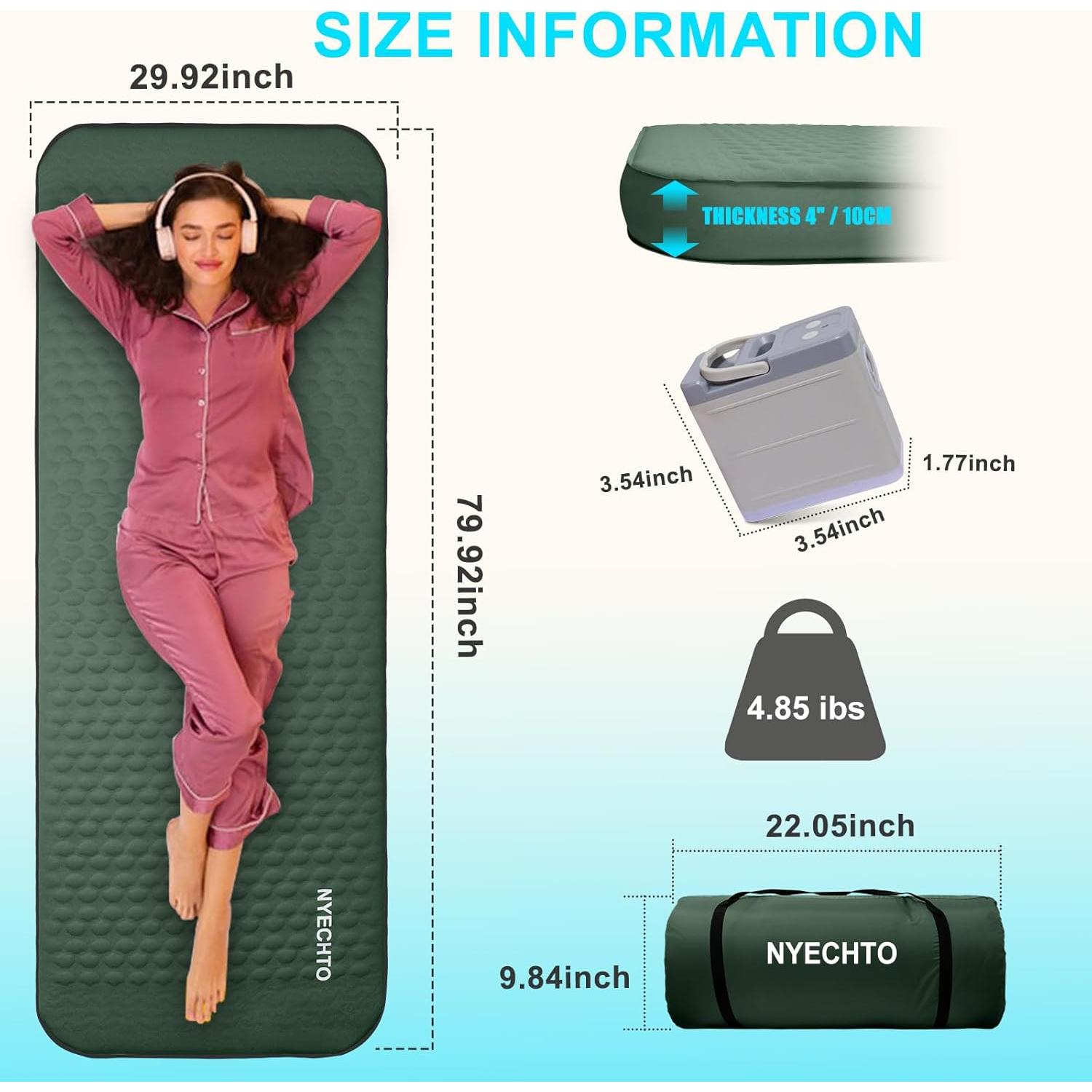 Self Inflating Sleeping Pad with Electric Pump, 4" Thick Ultralight Memory Foam Camping Mattress, Telescopic & Compact, Fast Inflate Insulated Camping Air Mats for Car Travel/Tent/Cot,Green