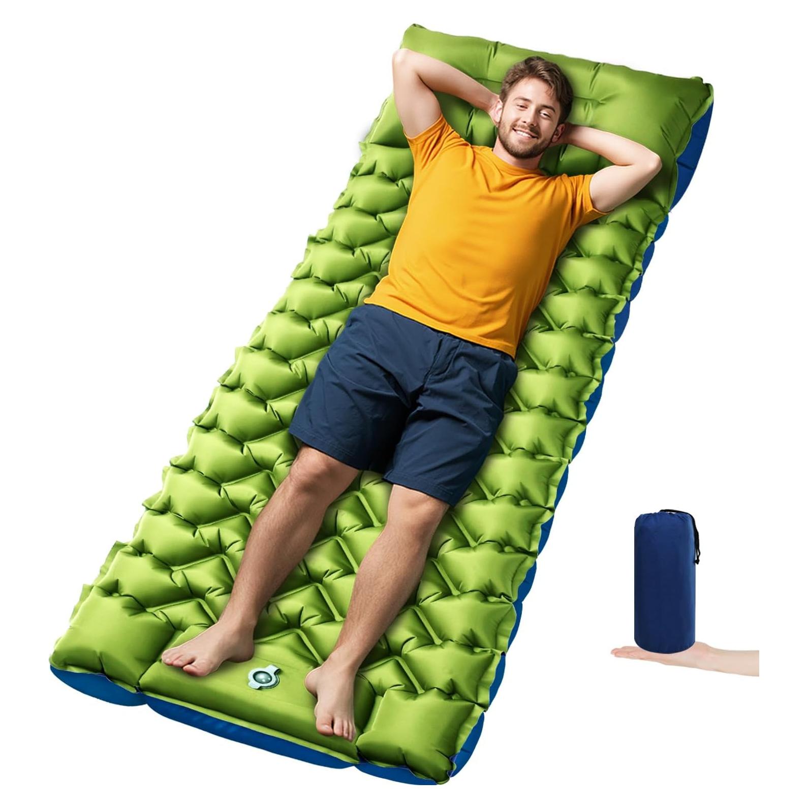 Camping Sleeping Pad, 4in Thick Ultralight Inflatable Camping Mat with Pillow, Built-in Foot Pump Sleeping Mat, Wide Compact Camping Pad for Travel Tent Hiking Backpacking Trip Car Camp Gear