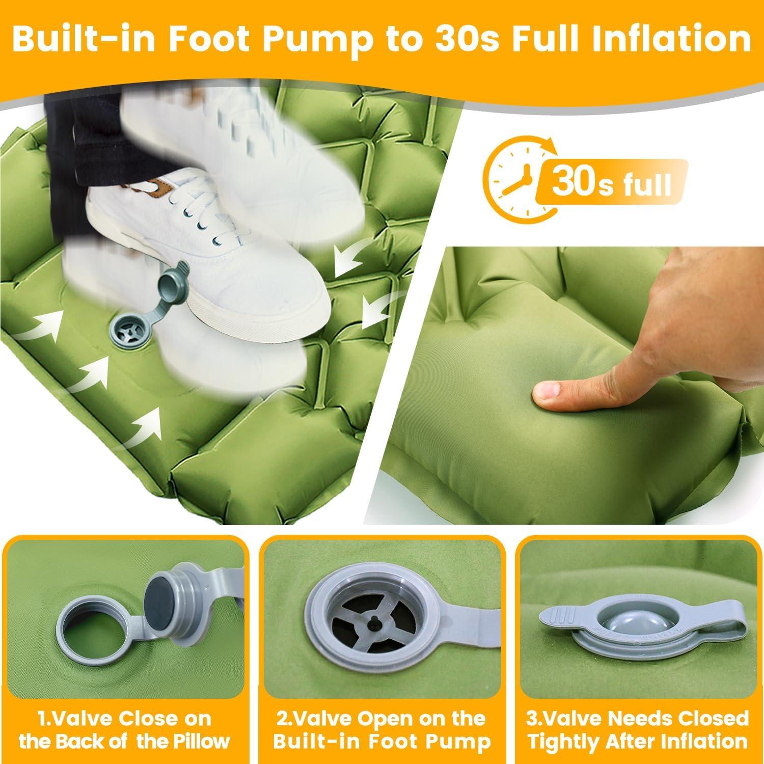 Camping Sleeping Pad, 4in Thick Ultralight Inflatable Camping Mat with Pillow, Built-in Foot Pump Sleeping Mat, Wide Compact Camping Pad for Travel Tent Hiking Backpacking Trip Car Camp Gear