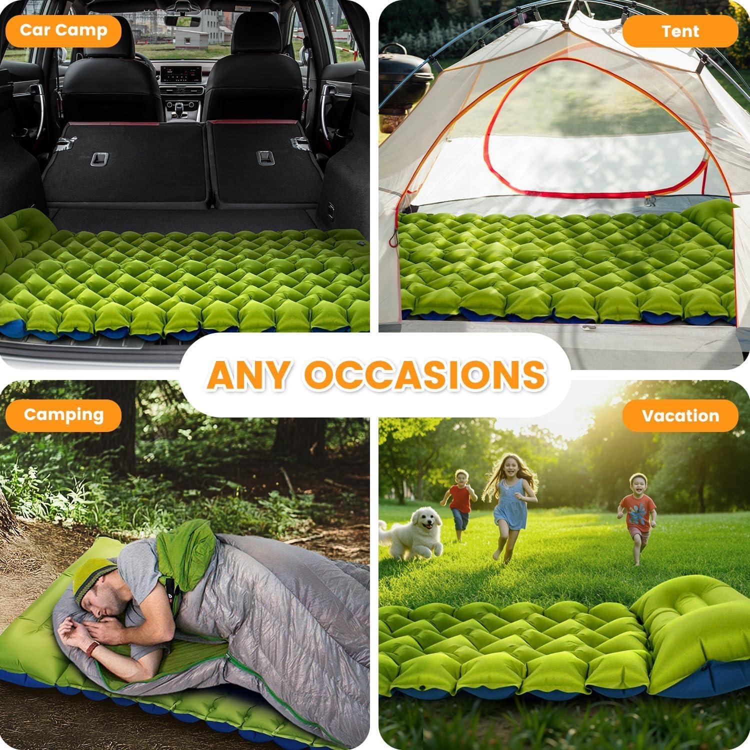 Camping Sleeping Pad, 4in Thick Ultralight Inflatable Camping Mat with Pillow, Built-in Foot Pump Sleeping Mat, Wide Compact Camping Pad for Travel Tent Hiking Backpacking Trip Car Camp Gear