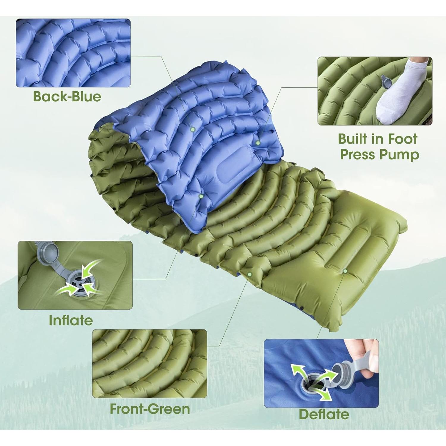 Sleeping Pad for Camping, Self Inflating Sleeping Pad Extra Thick Sleeping Mat with Pillow Built-in Foot Pump, Ultralight Inflatable Sleeping Pads Connectable Air Mattress for Backpacking