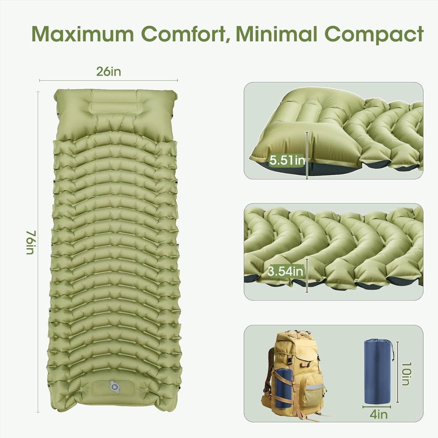 Sleeping Pad for Camping, Self Inflating Sleeping Pad Extra Thick Sleeping Mat with Pillow Built-in Foot Pump, Ultralight Inflatable Sleeping Pads Connectable Air Mattress for Backpacking