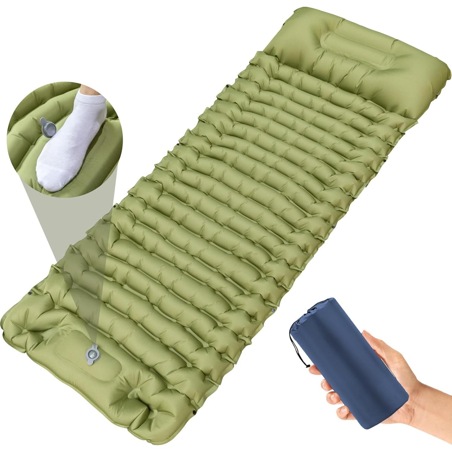Sleeping Pad for Camping, Self Inflating Sleeping Pad Extra Thick Sleeping Mat with Pillow Built-in Foot Pump, Ultralight Inflatable Sleeping Pads Connectable Air Mattress for Backpacking