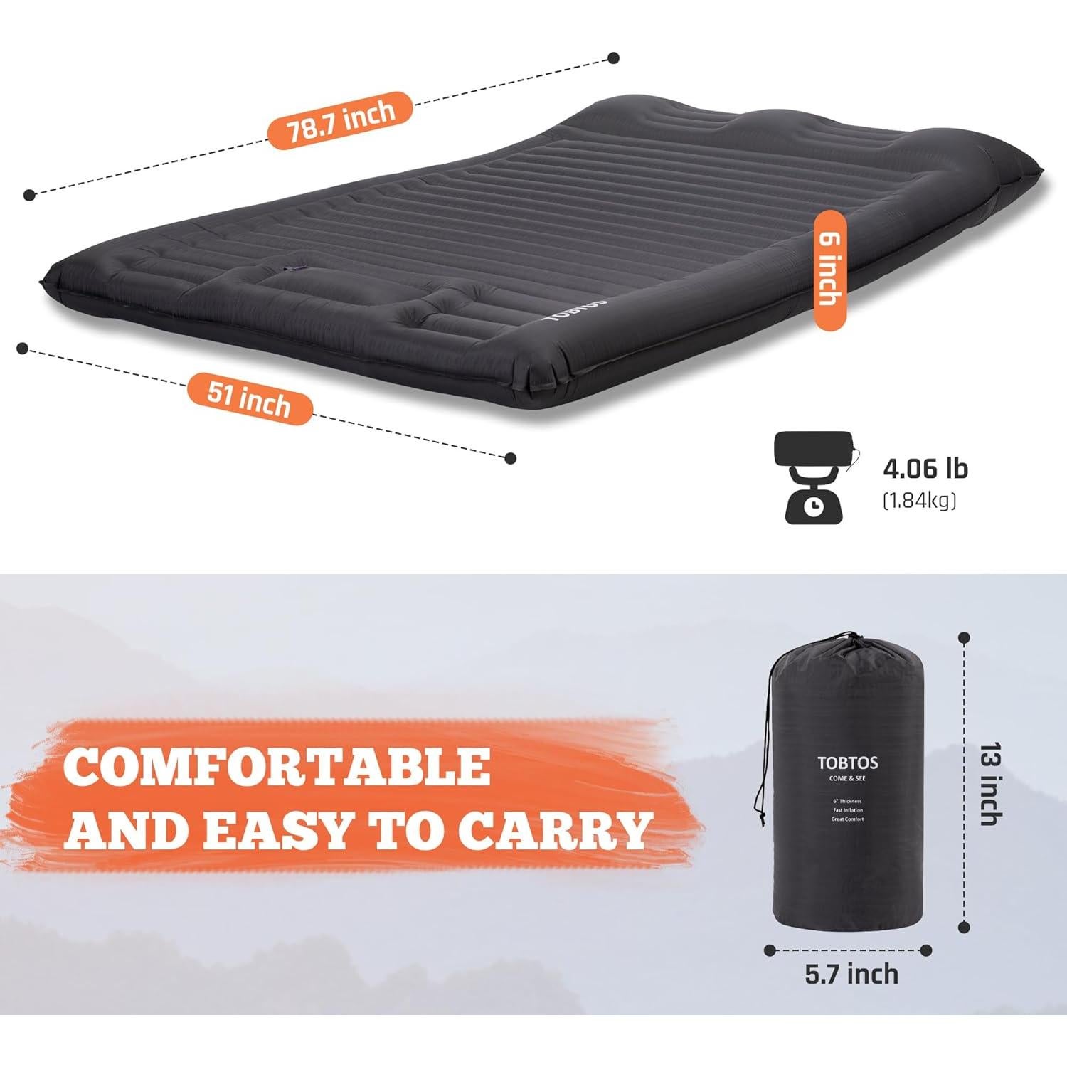 Colchón Inflable Doble TOBTOS 15.24 cm para Camping con Almohada