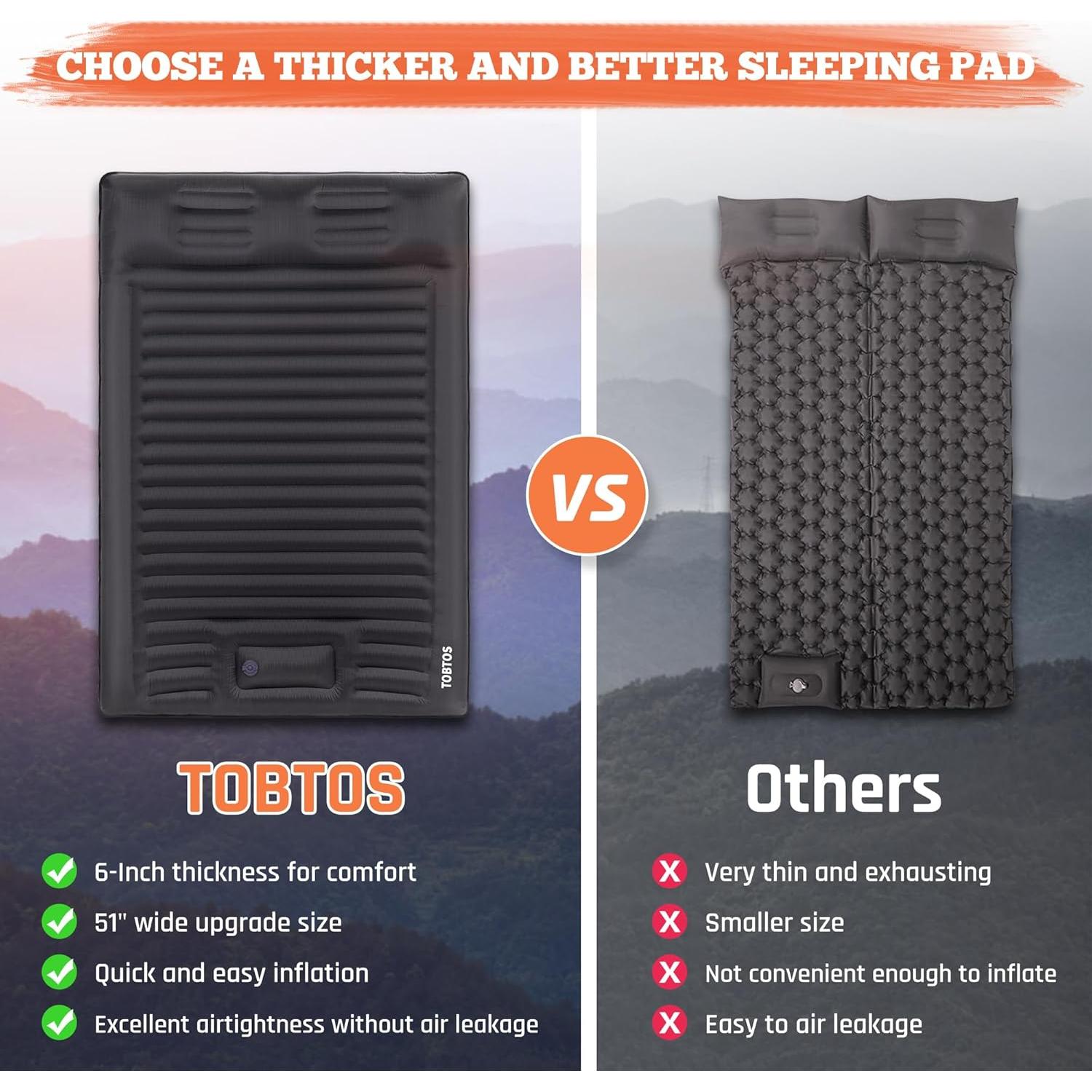 Colchón Inflable Doble TOBTOS 15.24 cm para Camping con Almohada