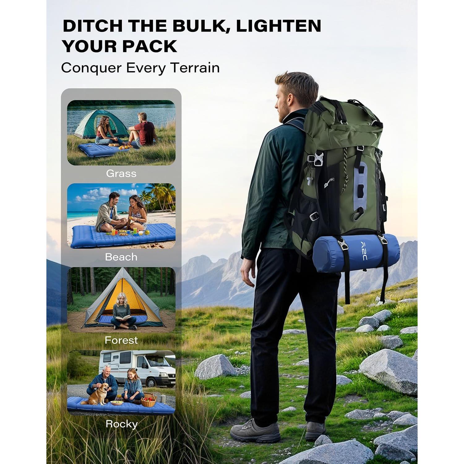 Colchón Inflable de Camping A2C OSM-Azul, 66 cm Ancho, Ultraligero