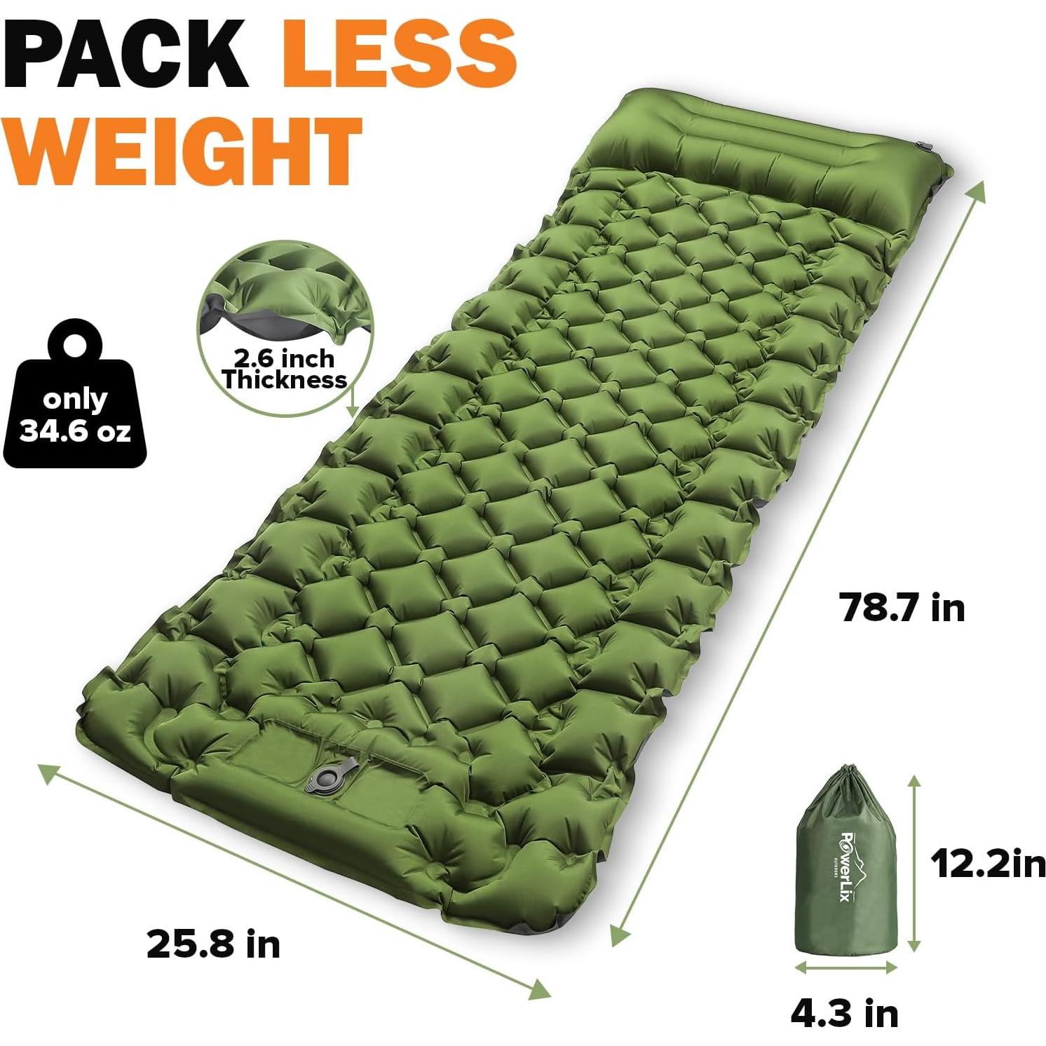 Almohadilla de Camping POWERLIX Pro Autoinflable Verde 0.94 kg