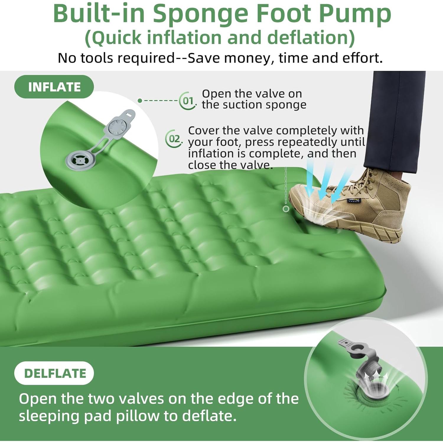 Almohadilla de Camping INVOKER 13 cm Inflable Verde Ultraligera