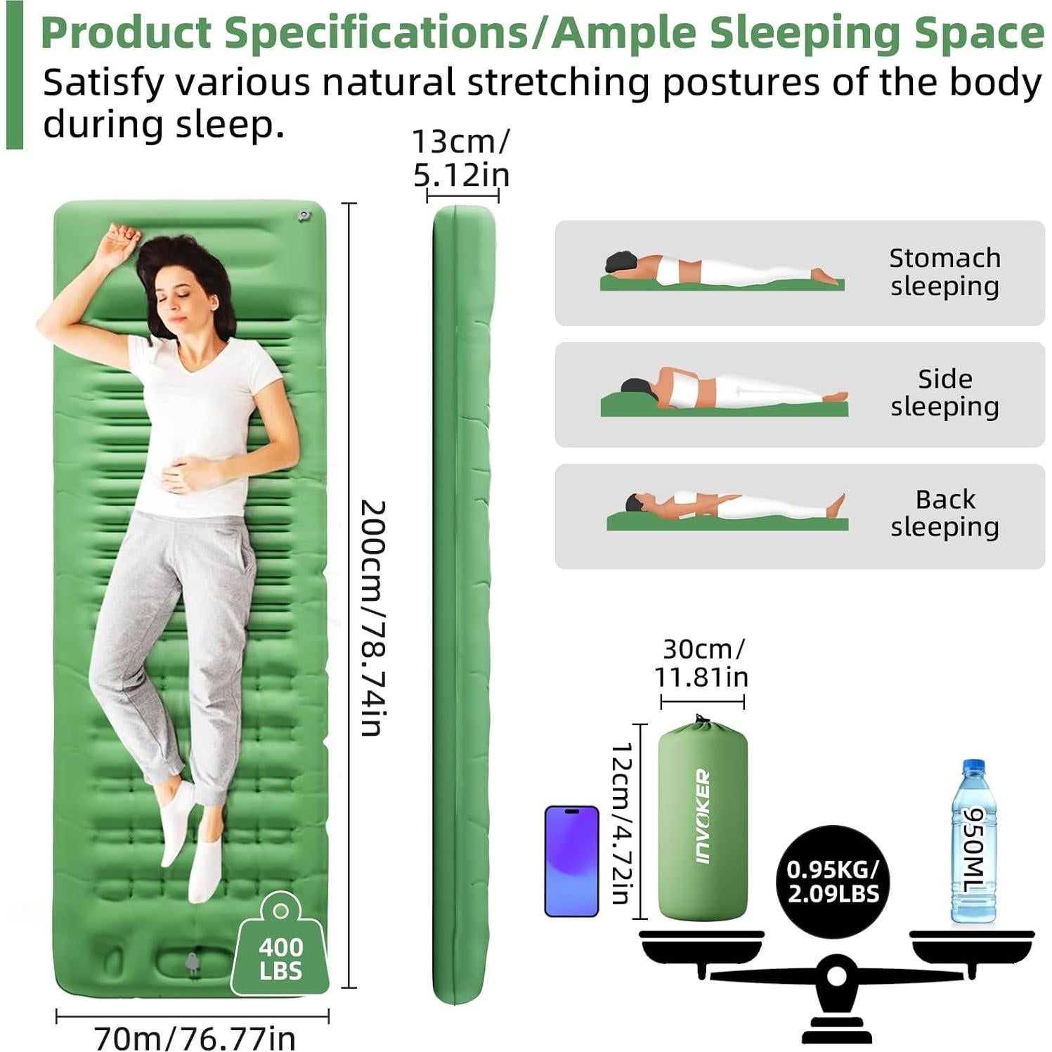 Almohadilla de Camping INVOKER 13 cm Inflable Verde Ultraligera