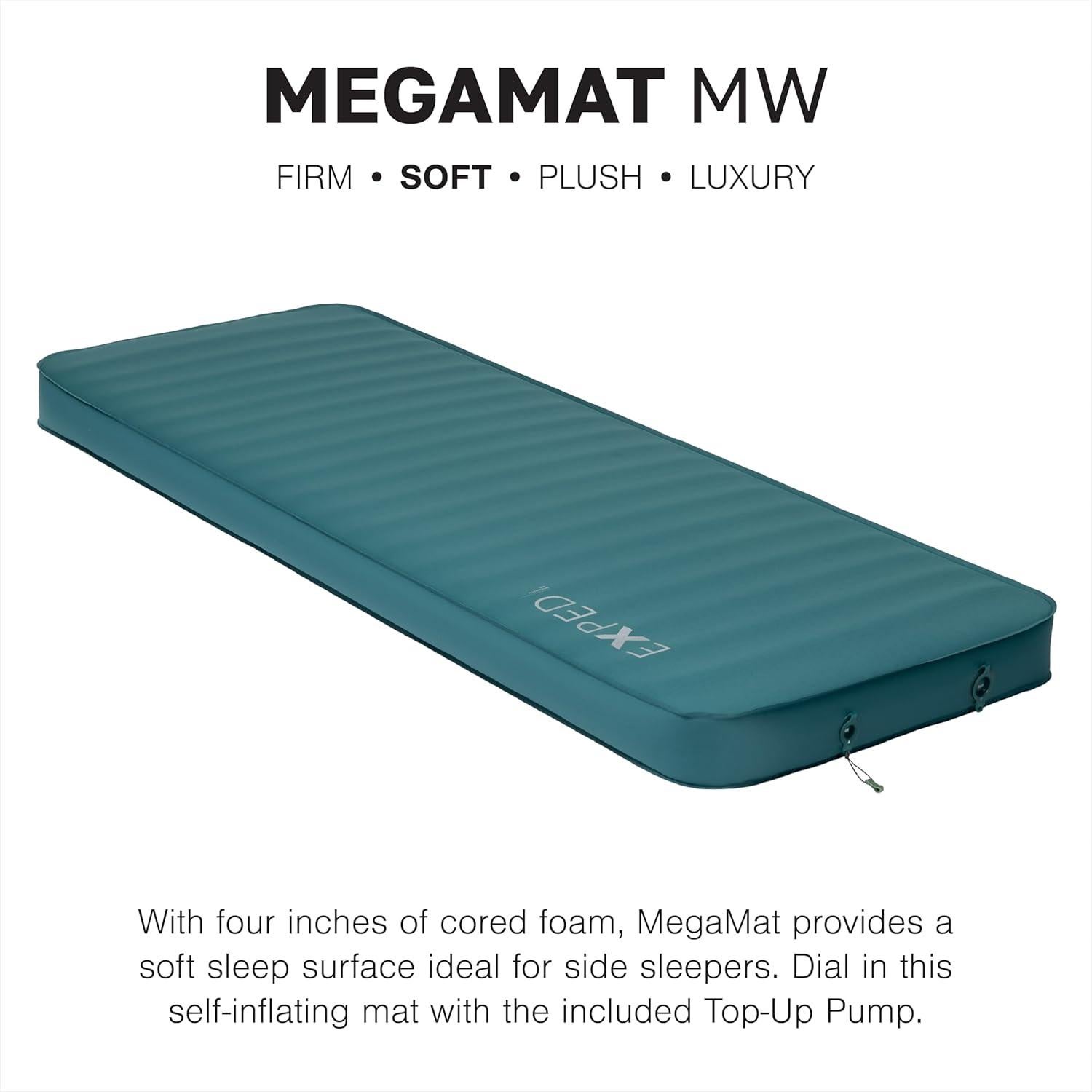 Exped MegaMat Medium Wide - Self Inflating Soft Car Sleeping Mat, 4” Foam Pad, Pump Included