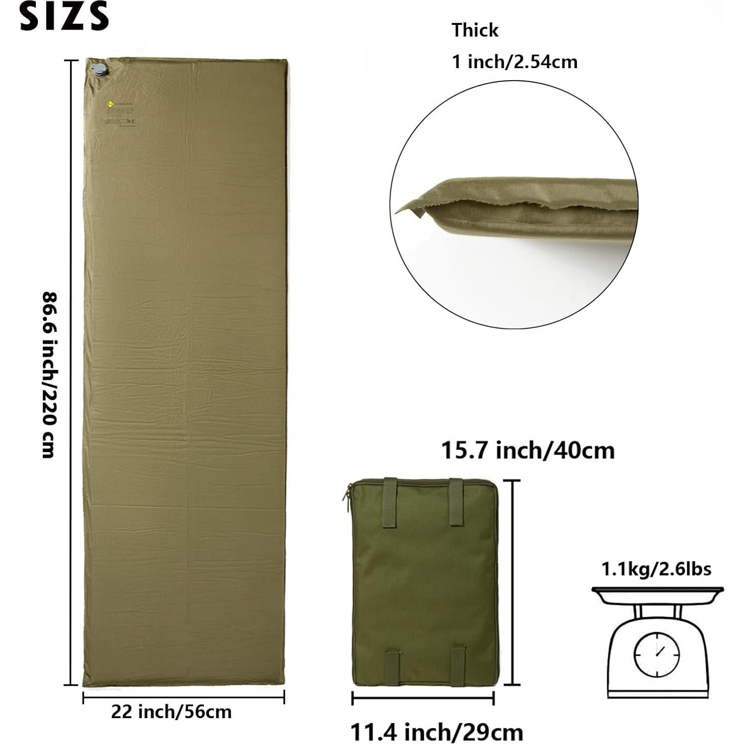 Colchón de Camping Autoinflable Akmax.cn Verde Oliva 172.72x55.88cm