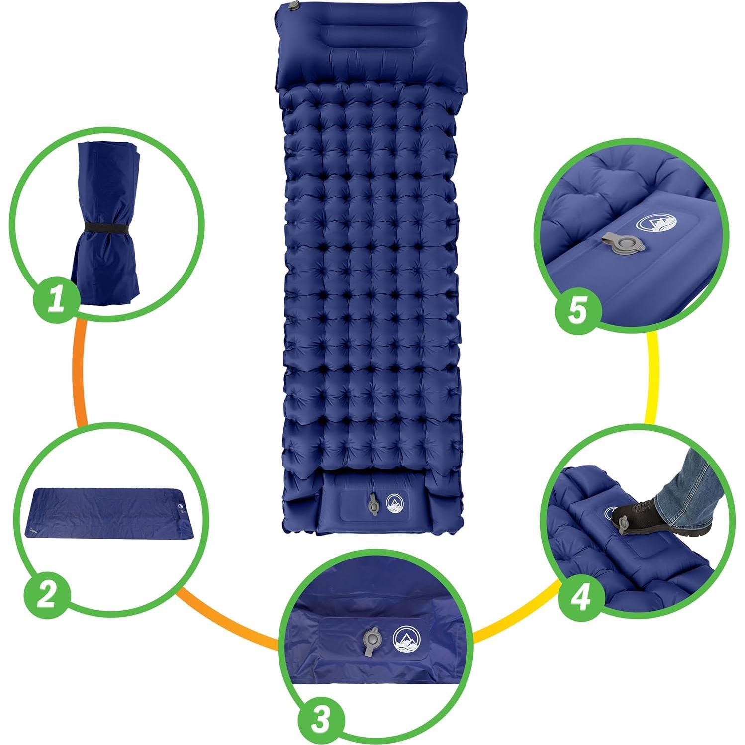 Colchón Inflable para Camping Wakeman - Almohadilla Azul con Bomba