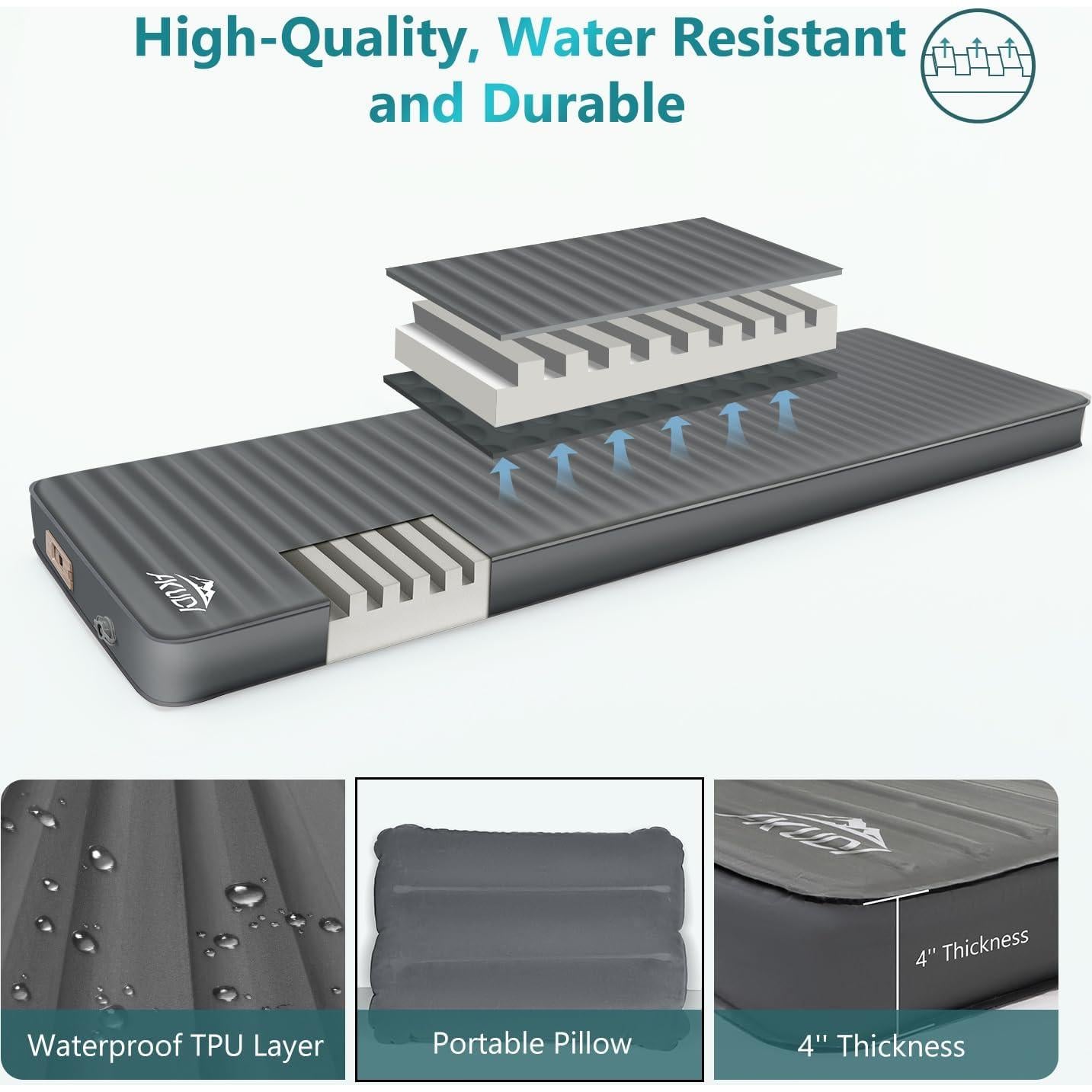 Self Inflating Sleeping Pad with Electric Pump, 4" Ultra-Thick Memory Foam Camping Pad with Pillow, 9.5 R-Value Insulated Camping Mattress, Grey