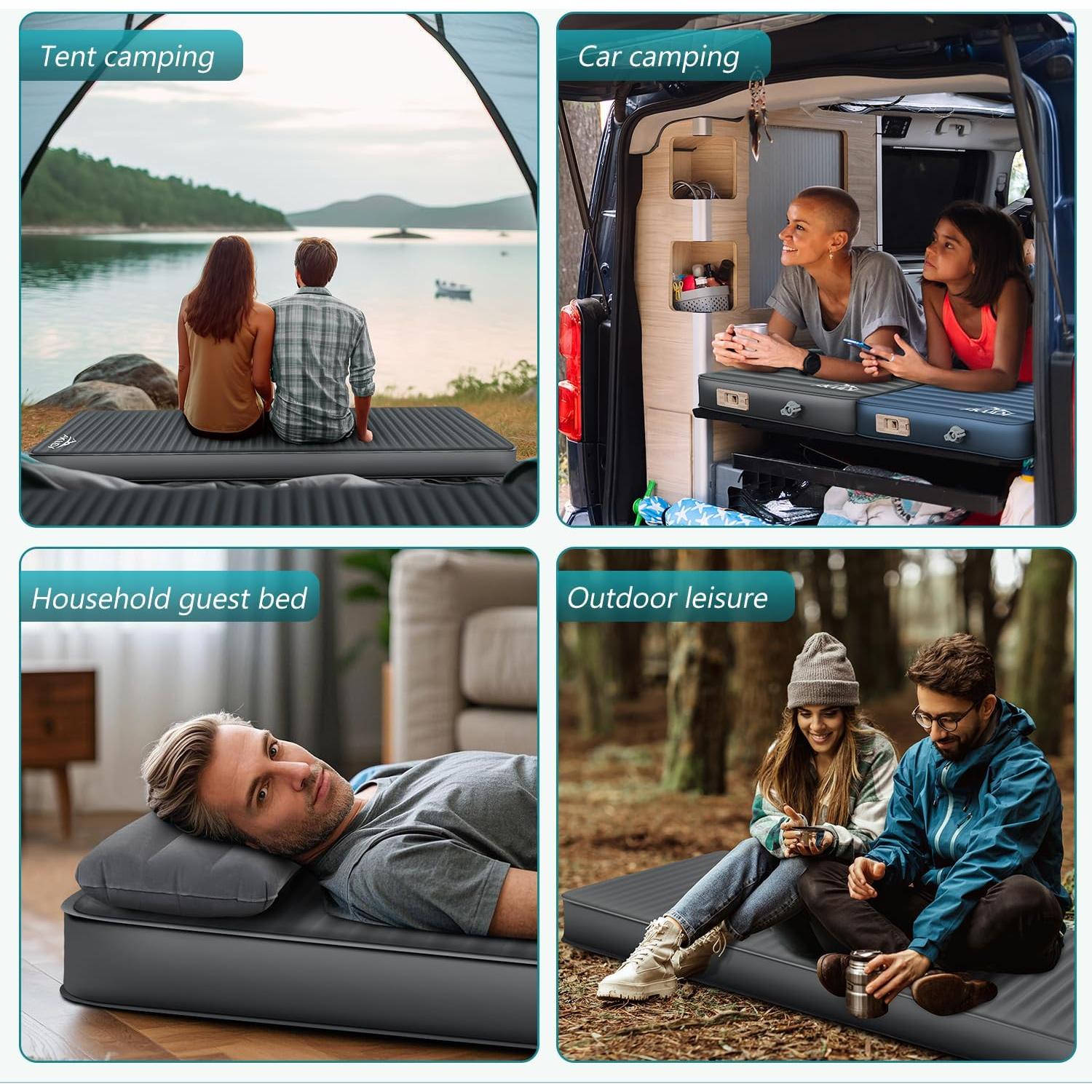 Self Inflating Sleeping Pad with Electric Pump, 4" Ultra-Thick Memory Foam Camping Pad with Pillow, 9.5 R-Value Insulated Camping Mattress, Grey