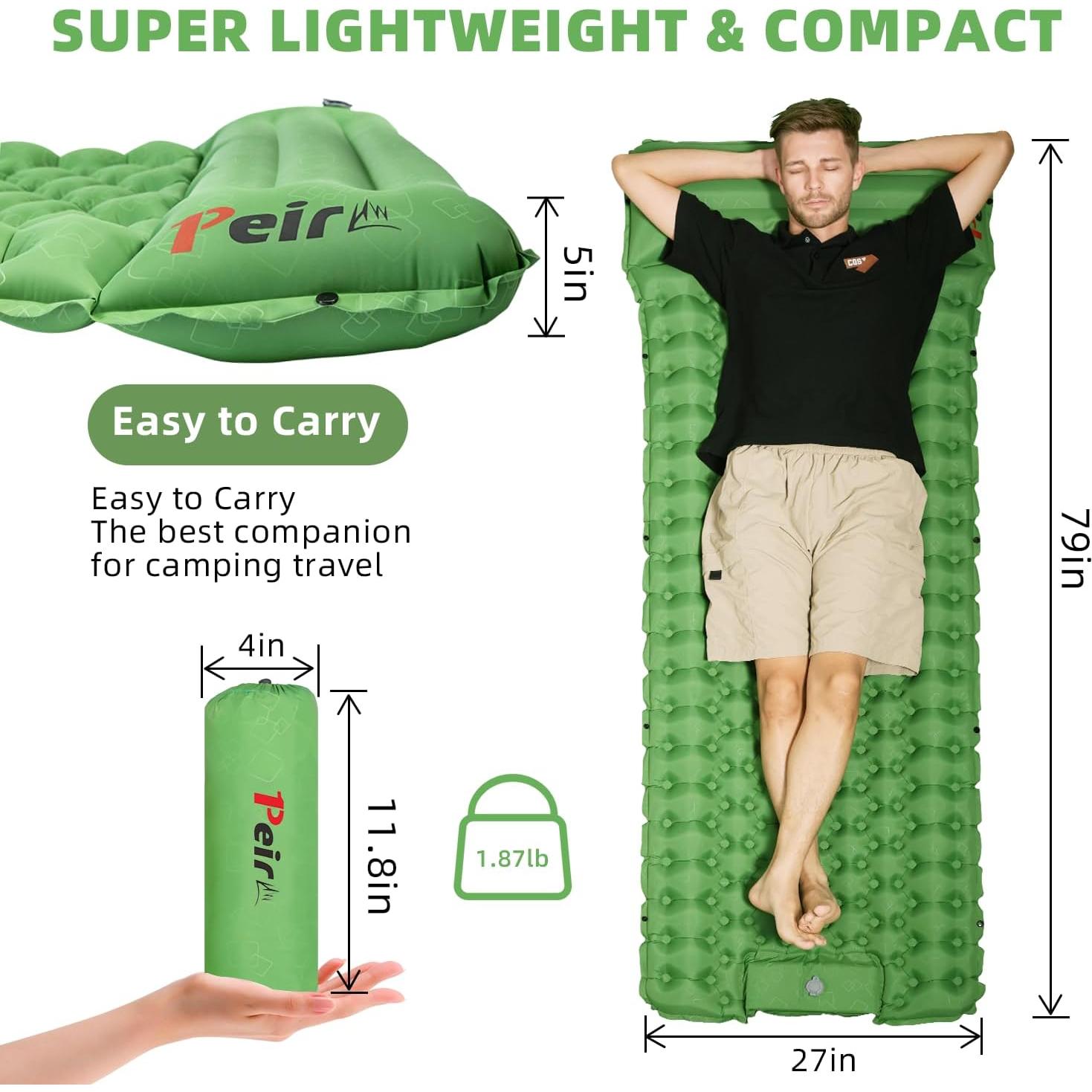 Almohadilla de Camping Inflable Peirhw 200x68.5cm con Cojín