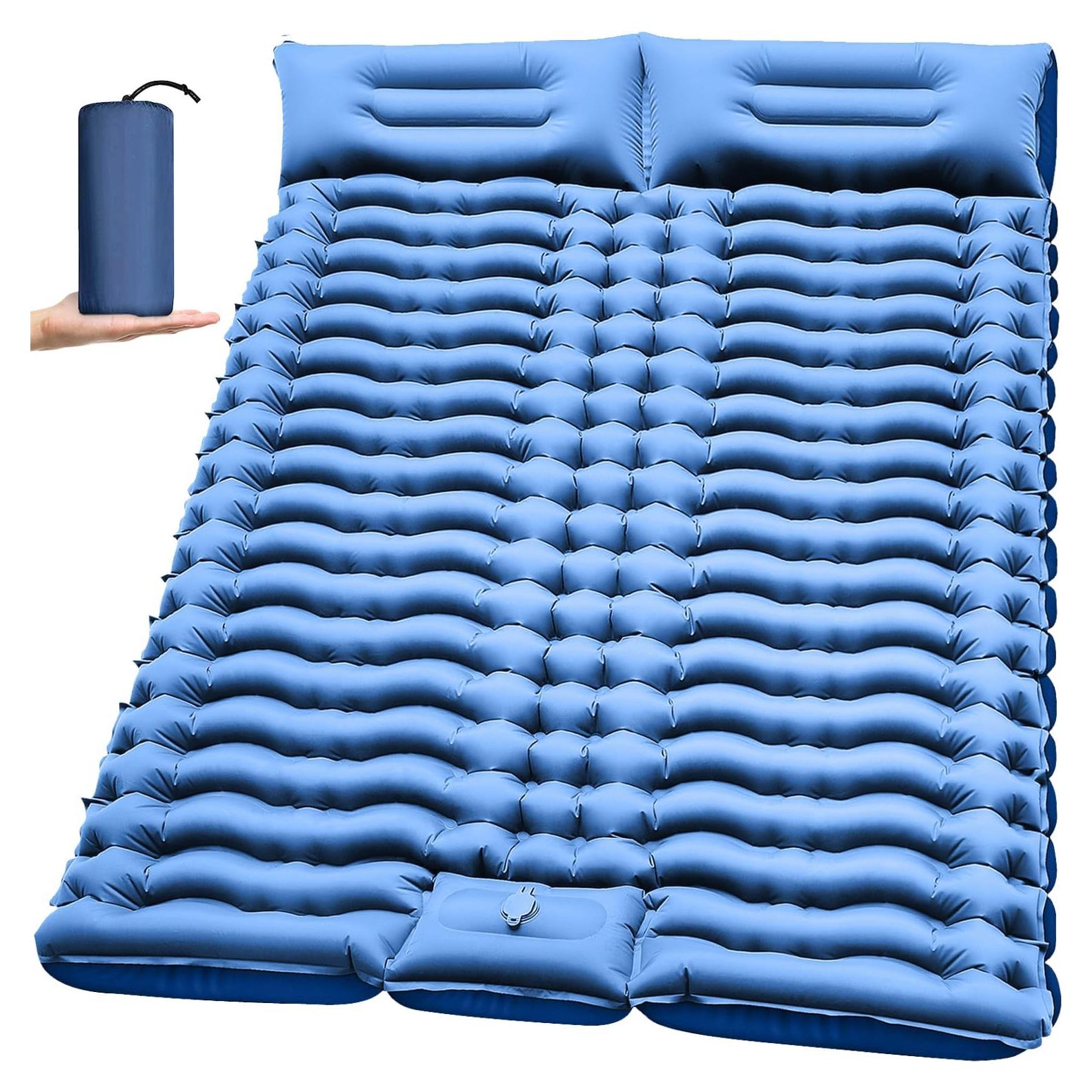 Double Sleeping Pad for Camping- Self Inflating 4"" Extra-Thick with Pillow Built-in Foot Pump Inflatable Sleeping Mat for Backpacking, Hiking, Traveling, Tent, Full, Blue, ZYK-SRBT-01