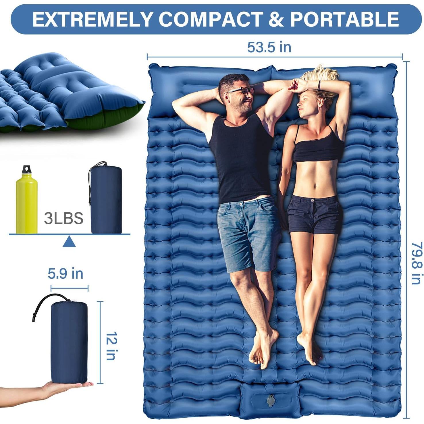 Double Sleeping Pad for Camping- Self Inflating 4"" Extra-Thick with Pillow Built-in Foot Pump Inflatable Sleeping Mat for Backpacking, Hiking, Traveling, Tent, Full, Blue, ZYK-SRBT-01