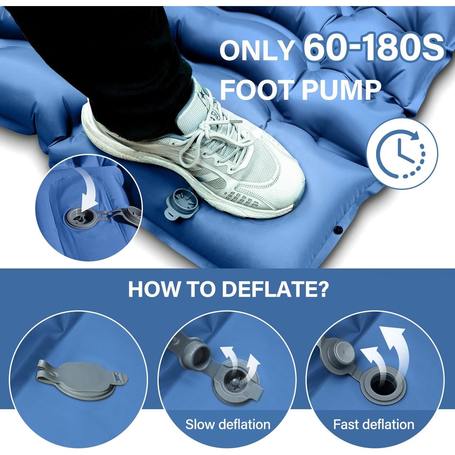 Double Sleeping Pad for Camping- Self Inflating 4"" Extra-Thick with Pillow Built-in Foot Pump Inflatable Sleeping Mat for Backpacking, Hiking, Traveling, Tent, Full, Blue, ZYK-SRBT-01