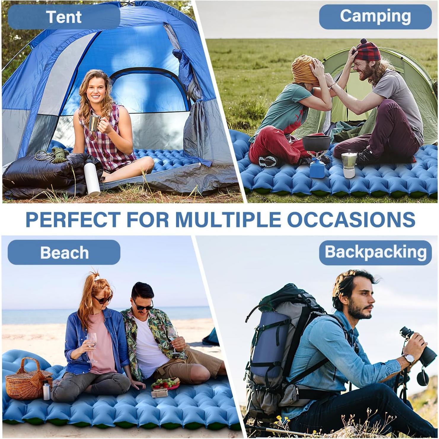 Double Sleeping Pad for Camping- Self Inflating 4"" Extra-Thick with Pillow Built-in Foot Pump Inflatable Sleeping Mat for Backpacking, Hiking, Traveling, Tent, Full, Blue, ZYK-SRBT-01