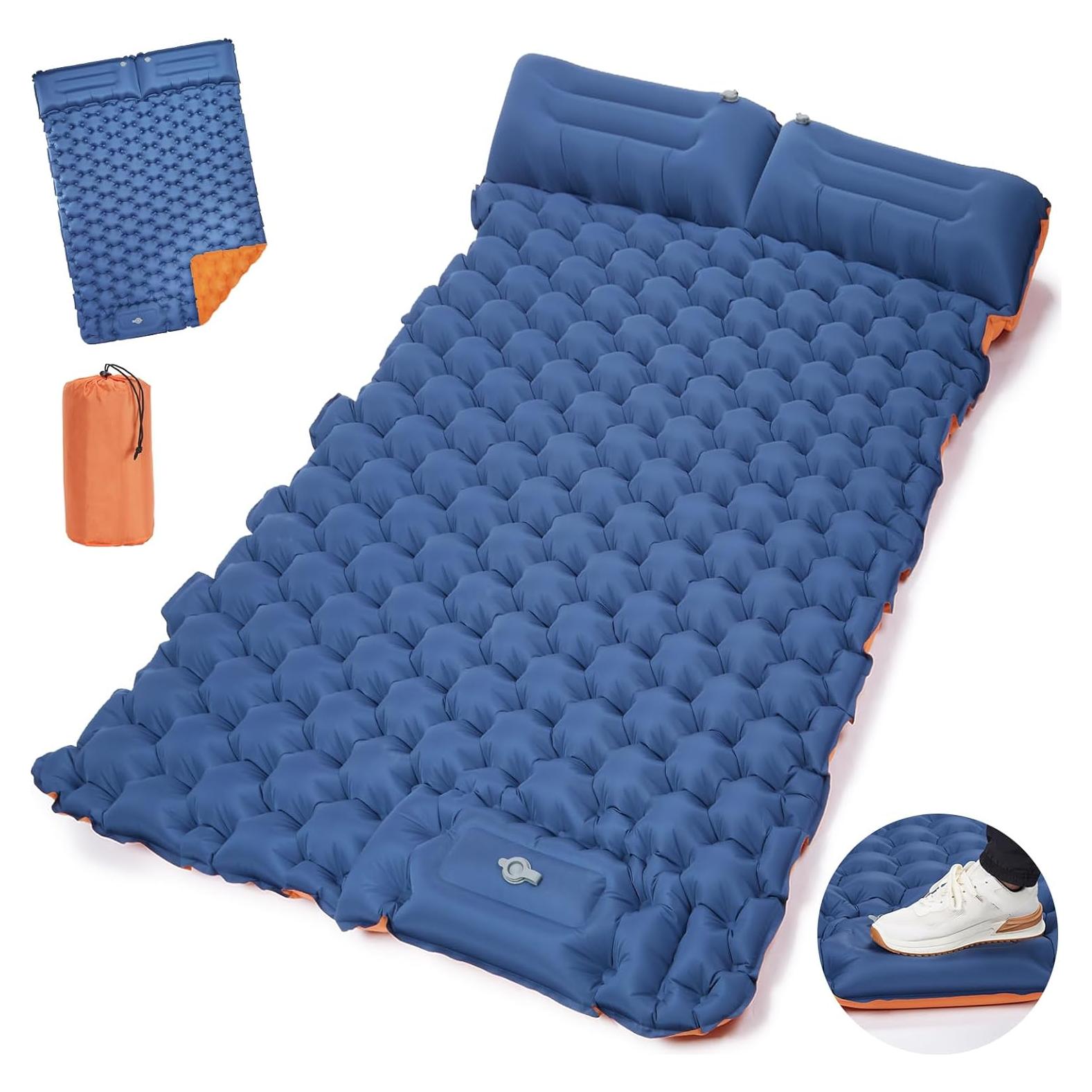 CAMULAND Camping Mattress 2 Person, Double Sleeping Pad for Camping Mat Inflatable Air Bed with Pillow Built-in Foot Pump Backpacking Hiking Traveling Gear Compact Self Inflating
