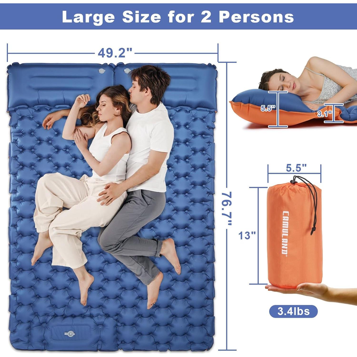 CAMULAND Camping Mattress 2 Person, Double Sleeping Pad for Camping Mat Inflatable Air Bed with Pillow Built-in Foot Pump Backpacking Hiking Traveling Gear Compact Self Inflating