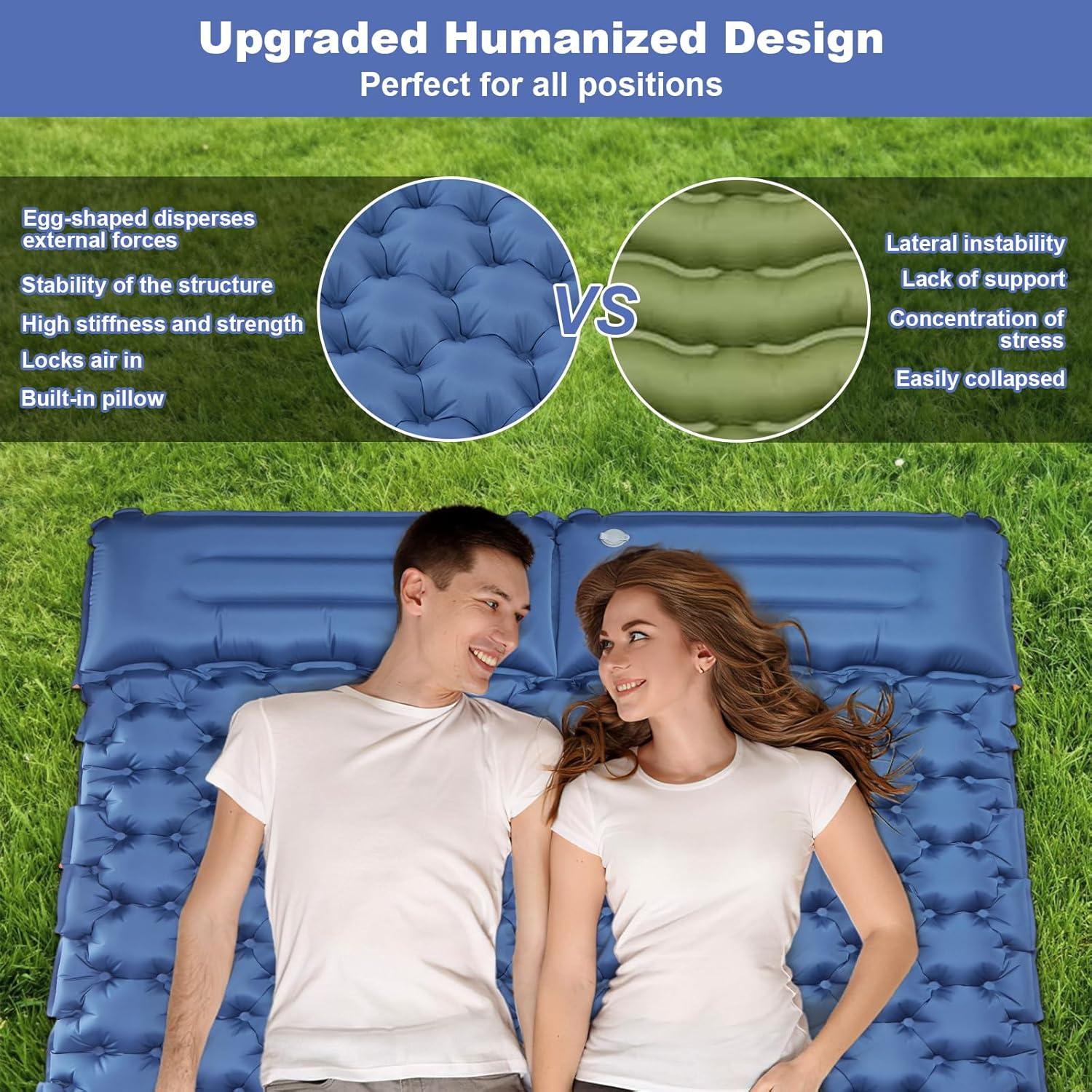 CAMULAND Camping Mattress 2 Person, Double Sleeping Pad for Camping Mat Inflatable Air Bed with Pillow Built-in Foot Pump Backpacking Hiking Traveling Gear Compact Self Inflating