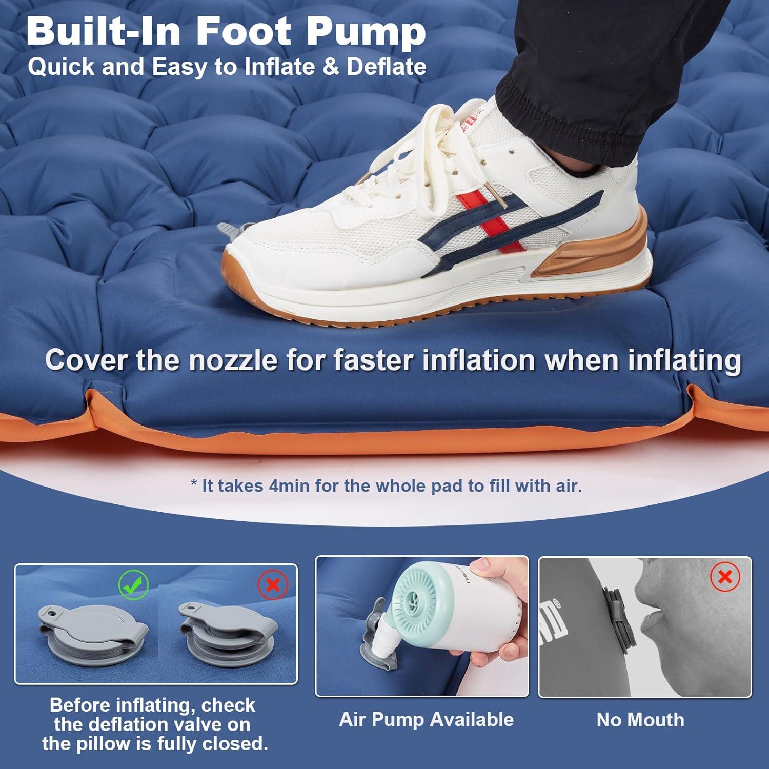 CAMULAND Camping Mattress 2 Person, Double Sleeping Pad for Camping Mat Inflatable Air Bed with Pillow Built-in Foot Pump Backpacking Hiking Traveling Gear Compact Self Inflating