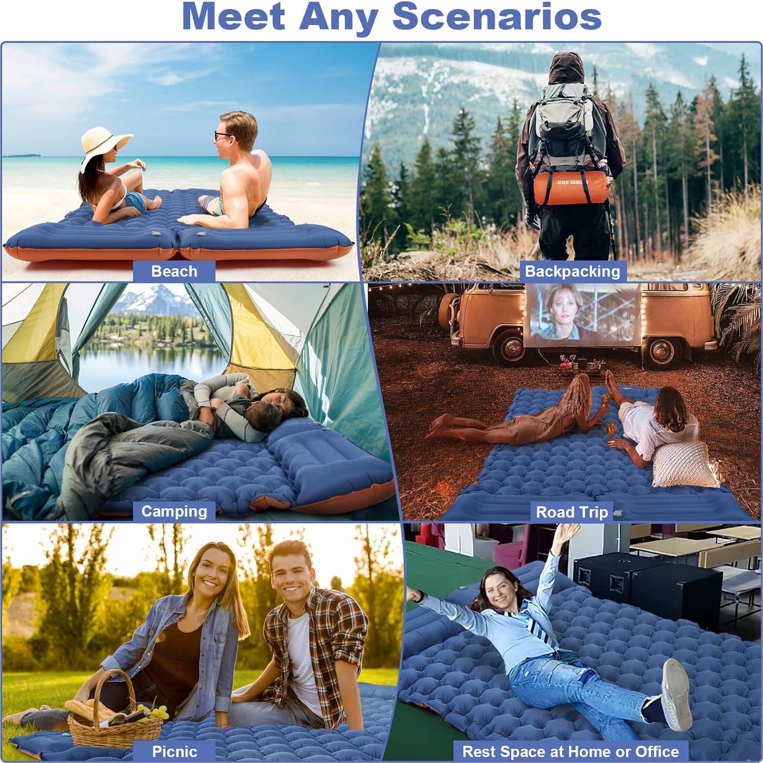 CAMULAND Camping Mattress 2 Person, Double Sleeping Pad for Camping Mat Inflatable Air Bed with Pillow Built-in Foot Pump Backpacking Hiking Traveling Gear Compact Self Inflating