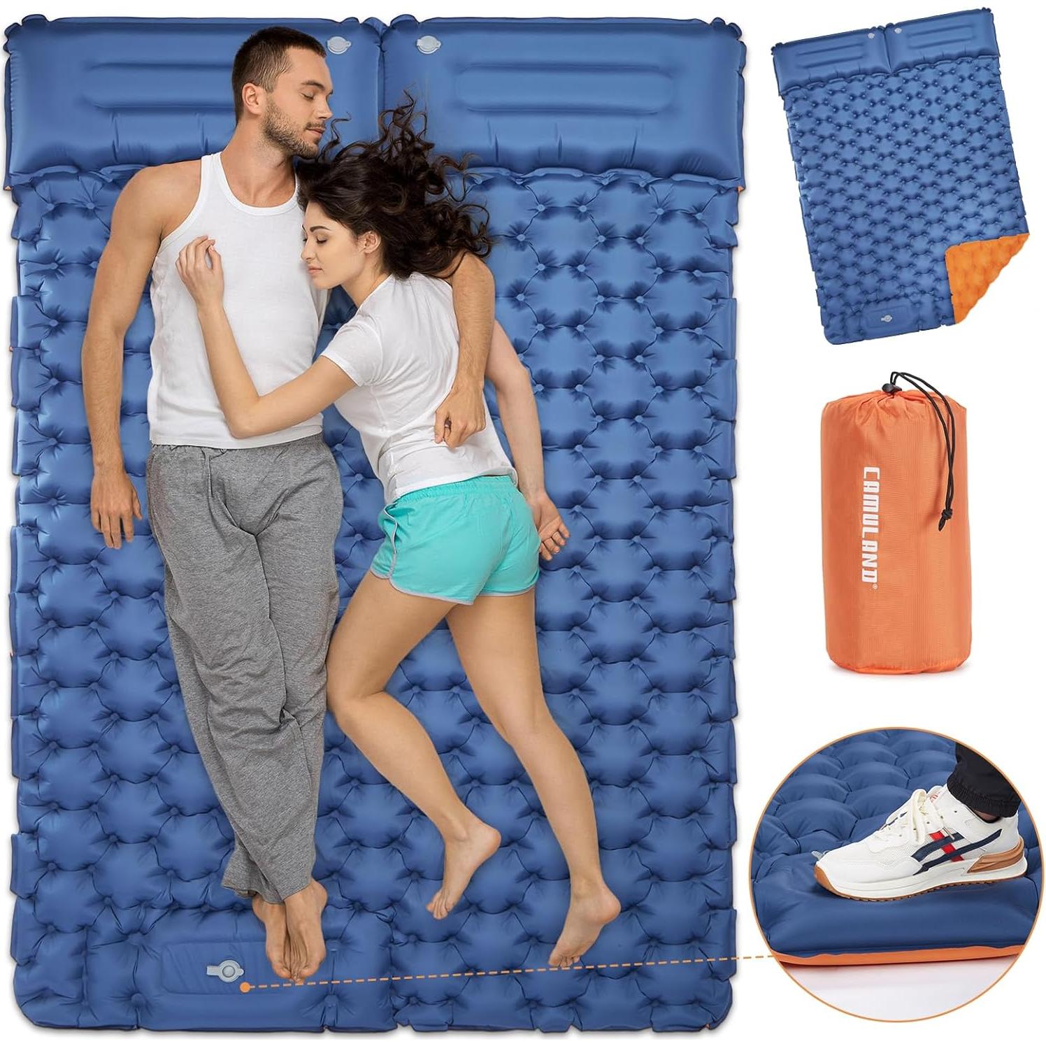 CAMULAND Camping Mattress 2 Person, Double Sleeping Pad for Camping Mat Inflatable Air Bed with Pillow Built-in Foot Pump Backpacking Hiking Traveling Gear Compact Self Inflating