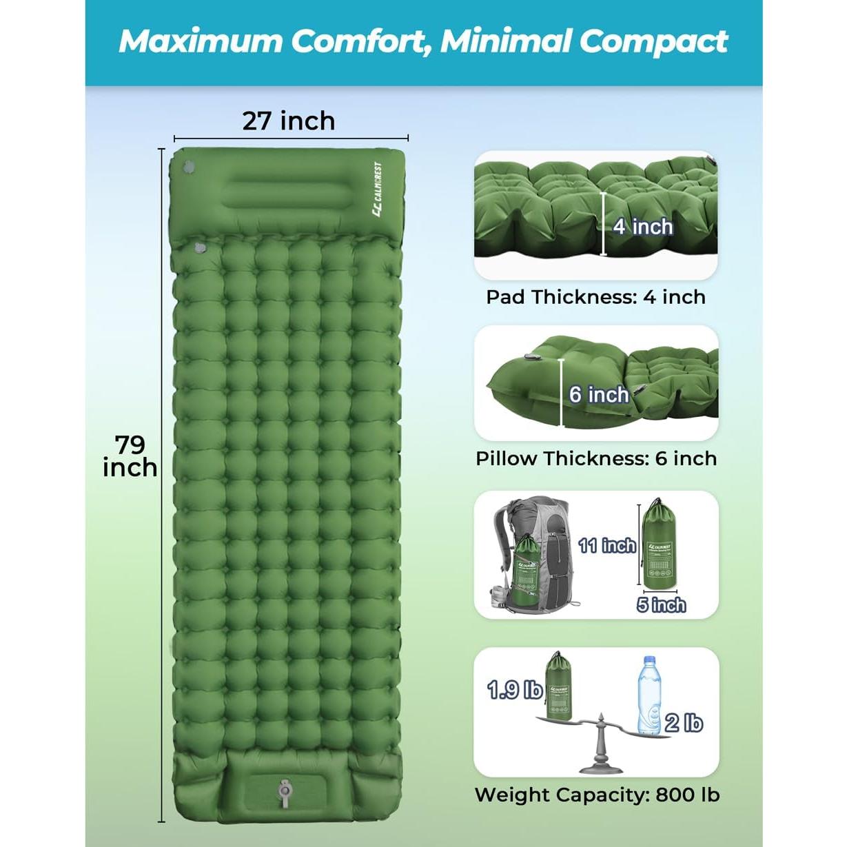 Colchoneta Inflable CALMCREST 200x70cm con Almohada Ajustable