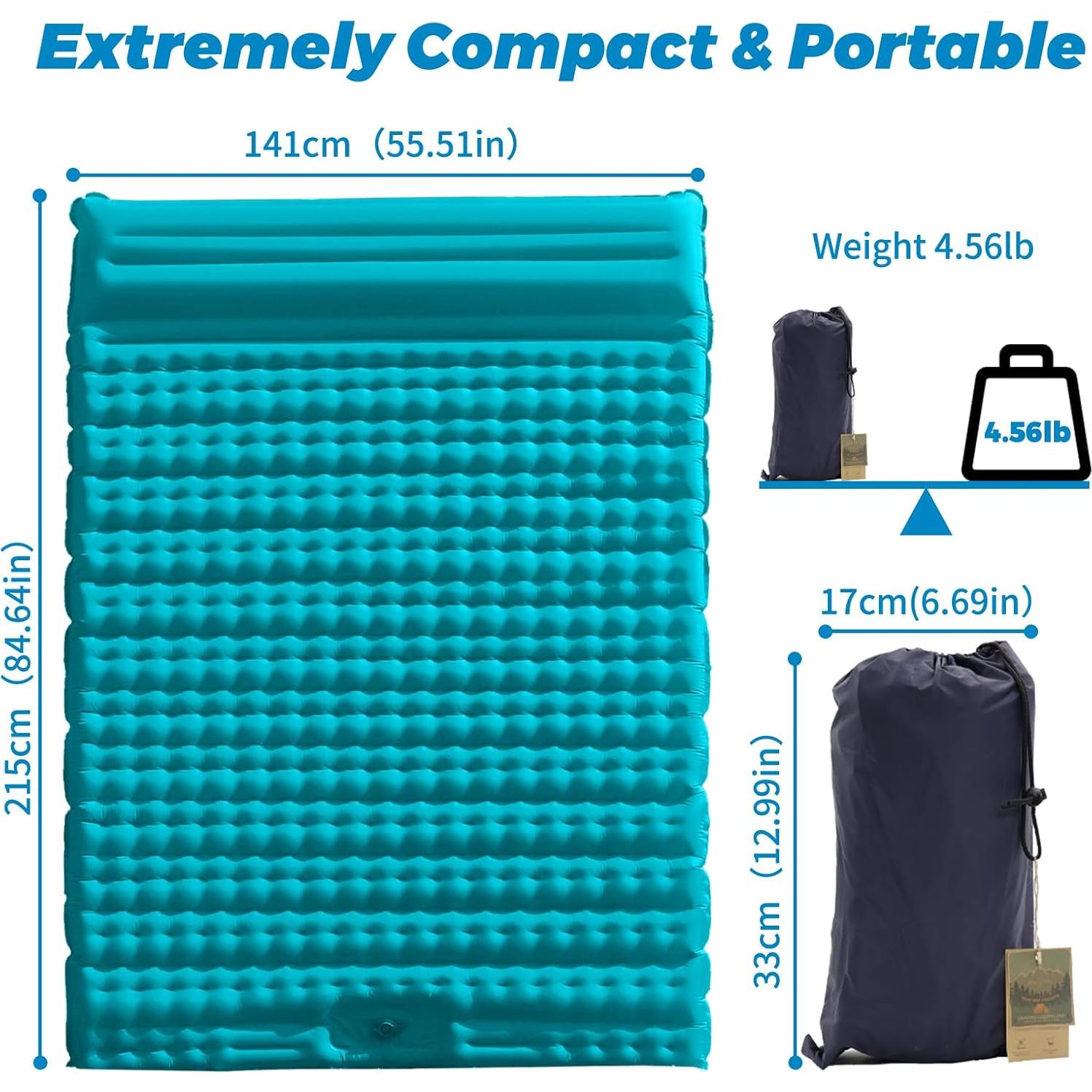 Double Sleeping Pad for Camping, Extra Thickness Inflatable Sleeping Mat with Pillow Built-in Pump, Inflatable & Compact Camping Hiking Traveling