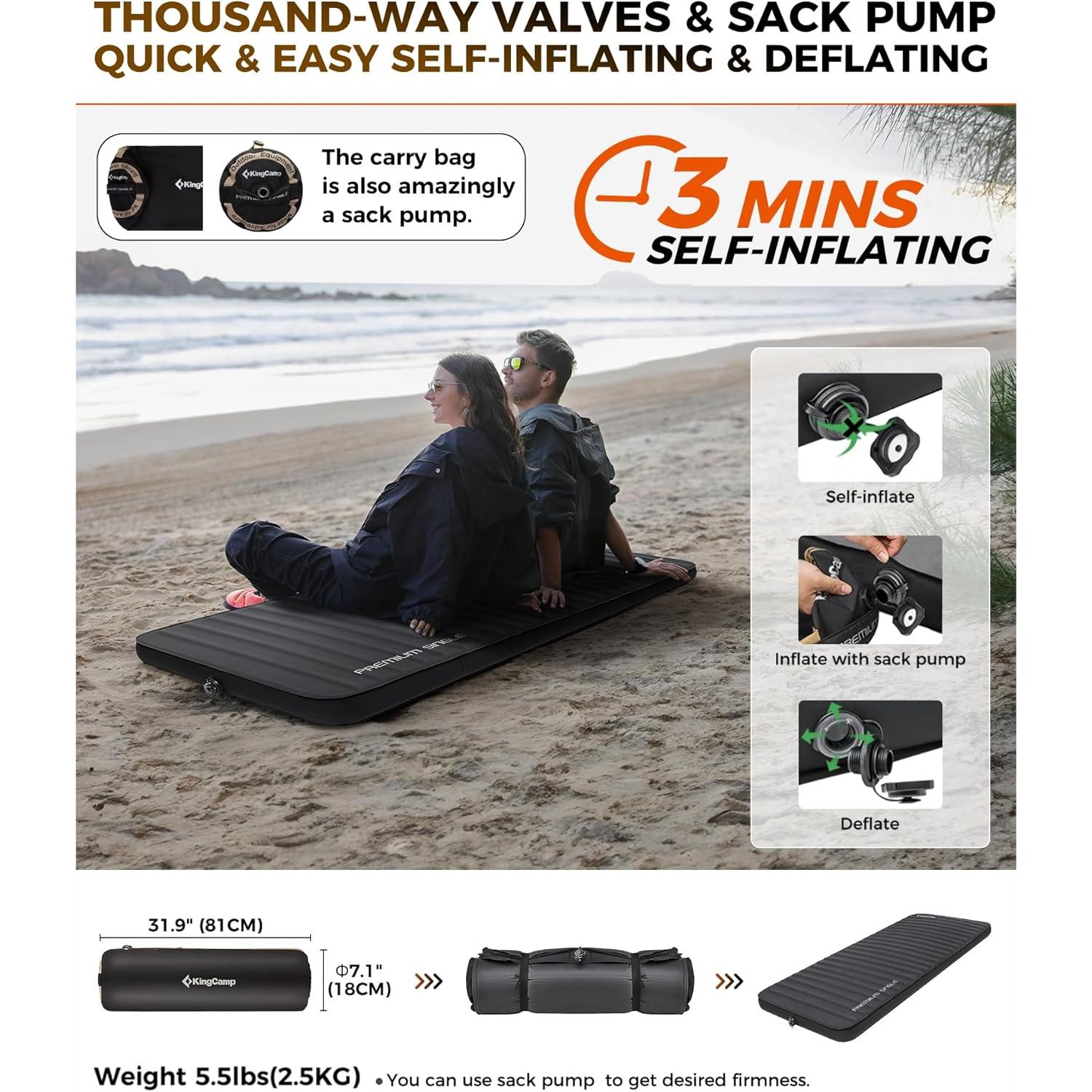 Colchón Inflable KingCamp 3" (7.62 cm) Autoinflable Negro