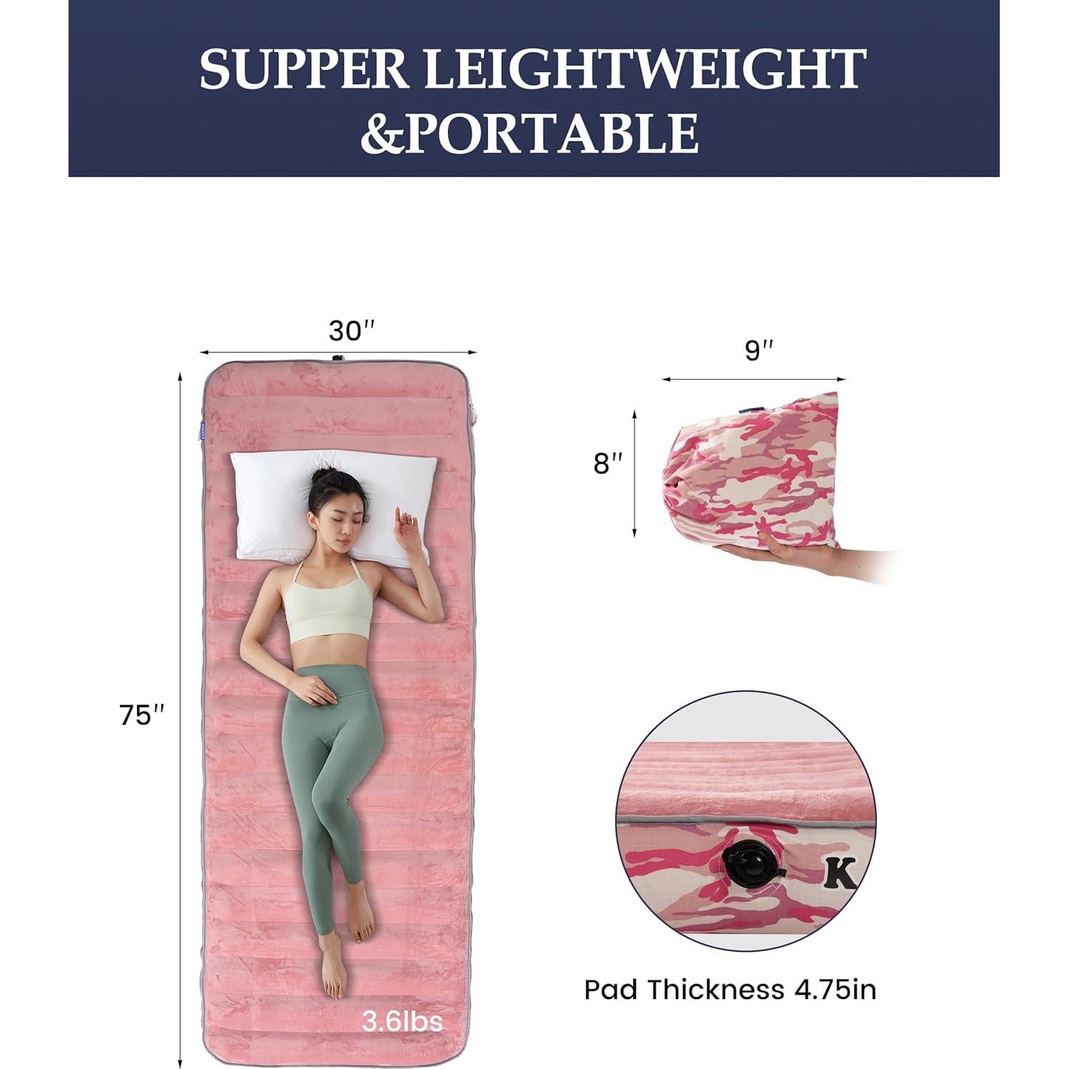 Colchón Inflable Kampair Individual Rosa 12.06 cm Grueso