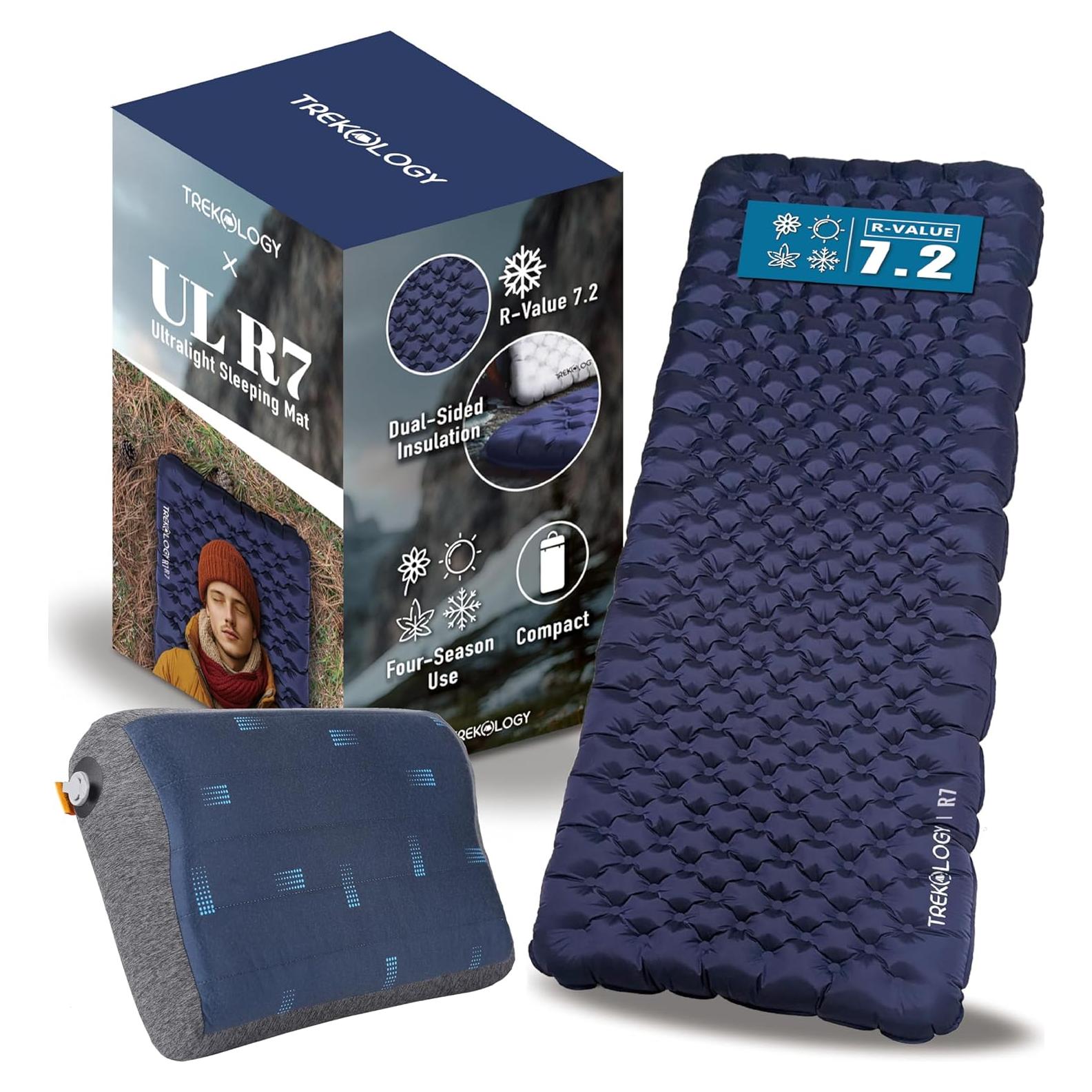 TREKOLOGY ULR7 Camping Sleeping Pad & ALUFT Pro SE Inflatable Pillow Bundle– Ultra-Light Insulated Sleeping Mat with Foam-Padded Case Camping Pillow– Perfect for Backpacking, Hiking & Outdoor Comfort