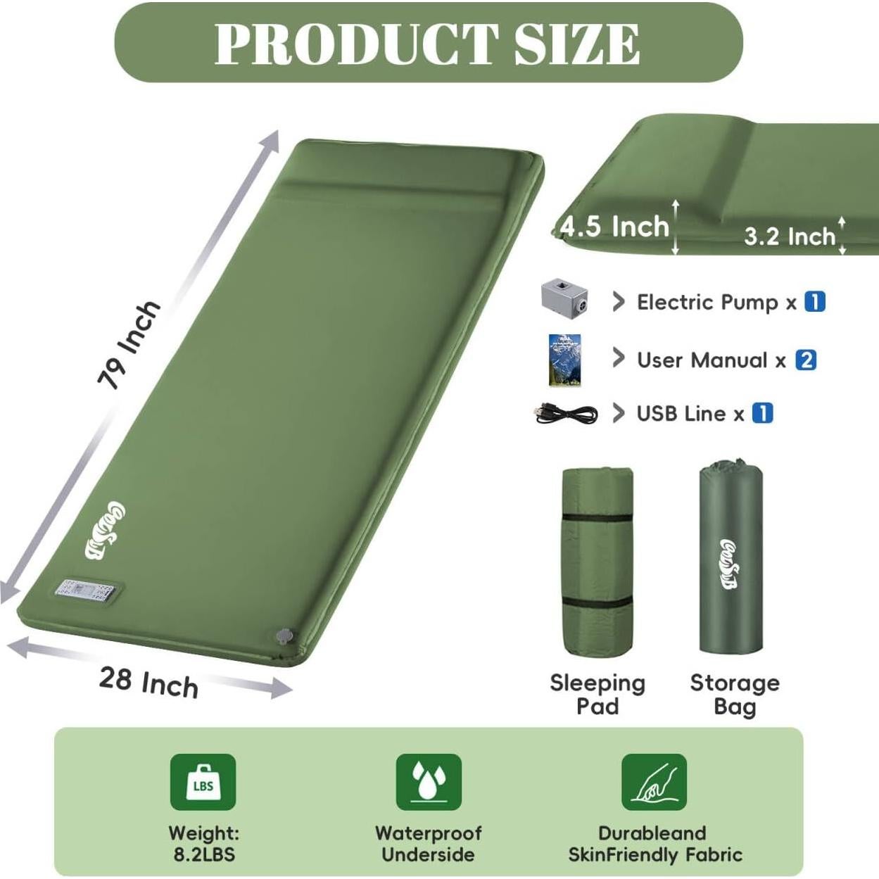 Colchoneta de Camping Autoinflable CoolSub T-EO5 8.13 cm con Almohada