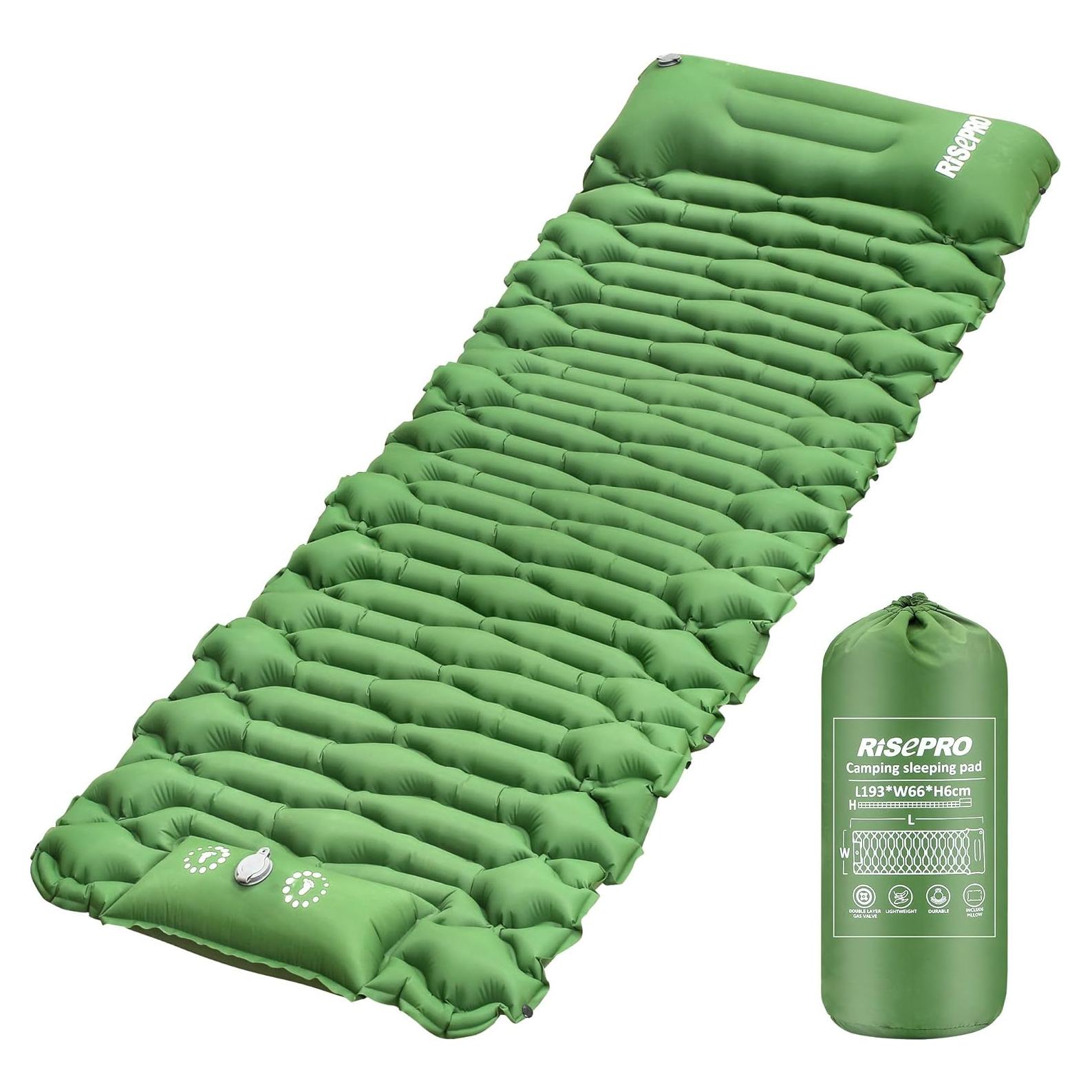 Camping Sleeping Pad Air Mattress - Inflatable Ultralight Ergonomic Design Compact Airpad Backpacking Hiking Outdoor Activities Green