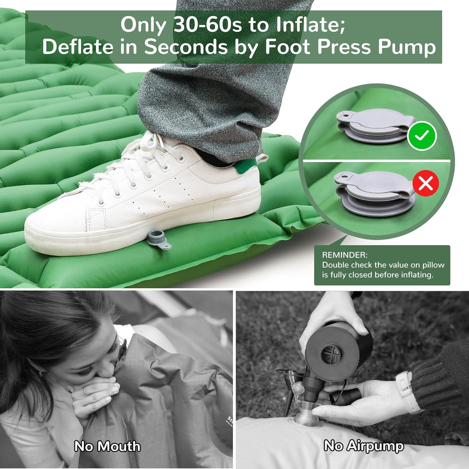 Camping Sleeping Pad Air Mattress - Inflatable Ultralight Ergonomic Design Compact Airpad Backpacking Hiking Outdoor Activities Green