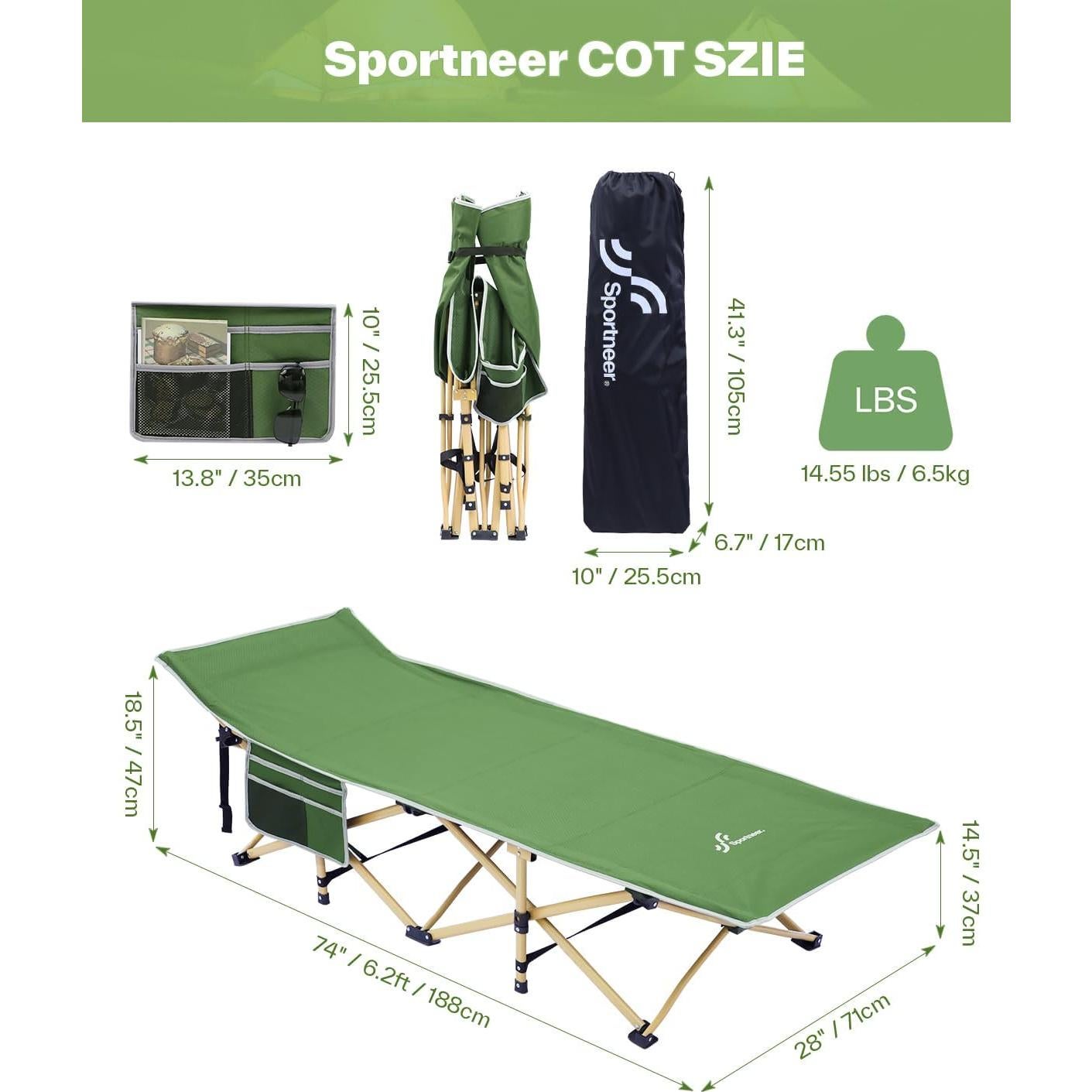 Cama de Camping Sportneer Plegable con Colchón 4.31kg Verde/Gris